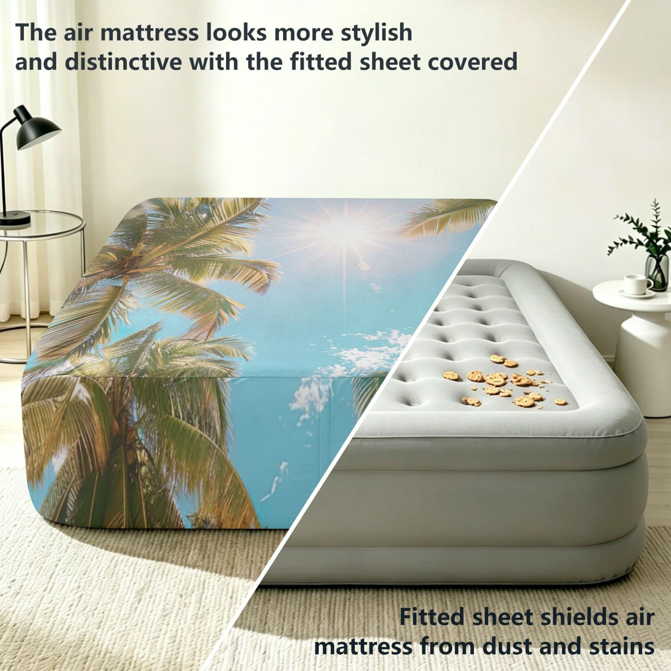 Palm Trees - Sábana bajera ajustable individual para colchón de aire, bolsillo extra profundo de 24 pulgadas, funda suave y transpirable con apertura de válvula de cremallera para cama de