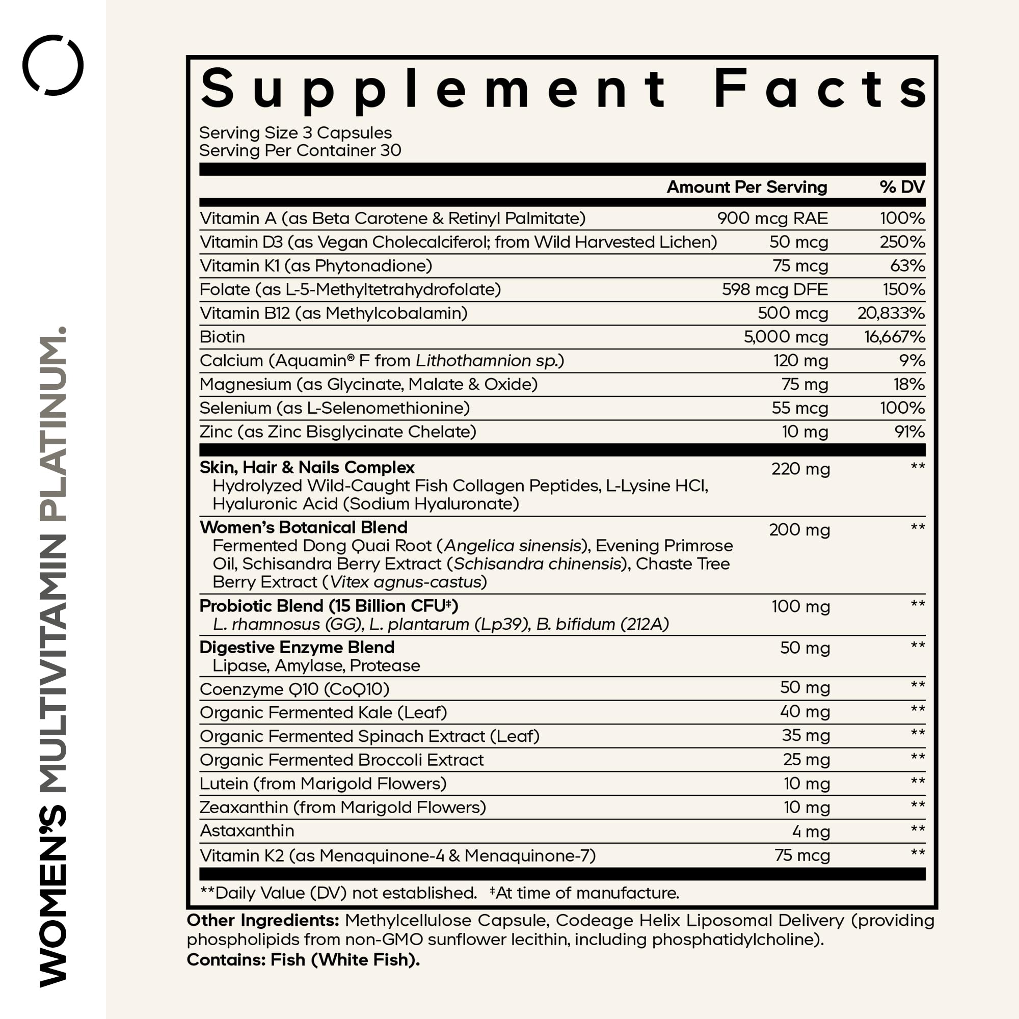 Codeage Women’s Multivitamin Platinum - Vitamins A D3 K1 K2 B12 & Minerals, CoQ10, Skin, Hair & Nails Complex, Collagen, Botanicals, Probiotics, Fermented Greens, Lutein, Astaxanthin - 90 Capsules — Amazon image 2