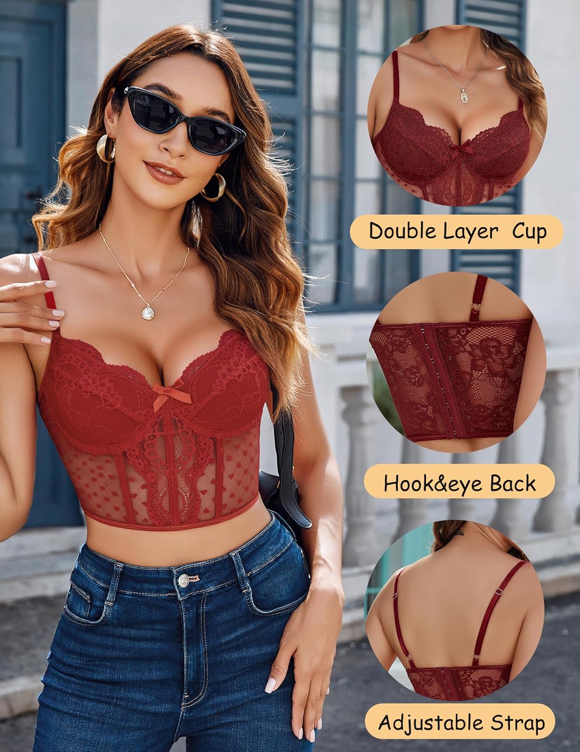 Avidlove Corset Tops for Women V Neck Bustier Lingerie Adjustable Strap Crop Top with Underwire - Image 4