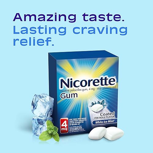 Miniatura 2 de Nicorette Goma de mascar de nicotina de 4 mg para ayudar a dejar de fumar, ayuda para dejar de fumar con sabor a menta blanca helada, 1 paquete, 160