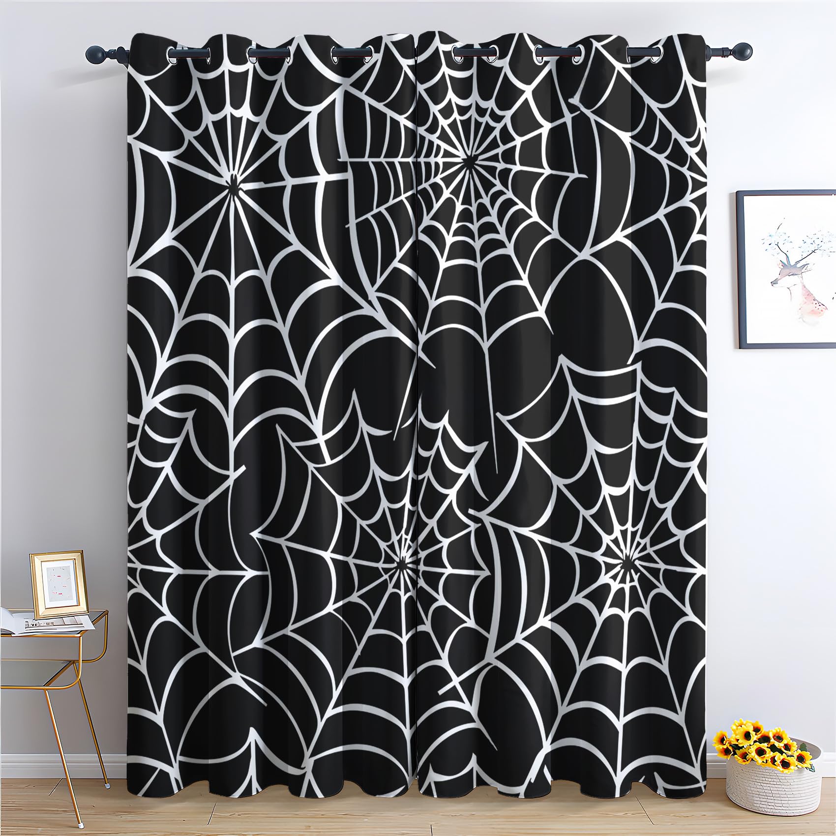 Spider Web Bedroom Curtains Blackout - Halloween Spiderweb Black and White Living Room Curtains 54x90 Eyelet - Soft Thermal Insulated Patterned Drapes for Windows - 2 Panels