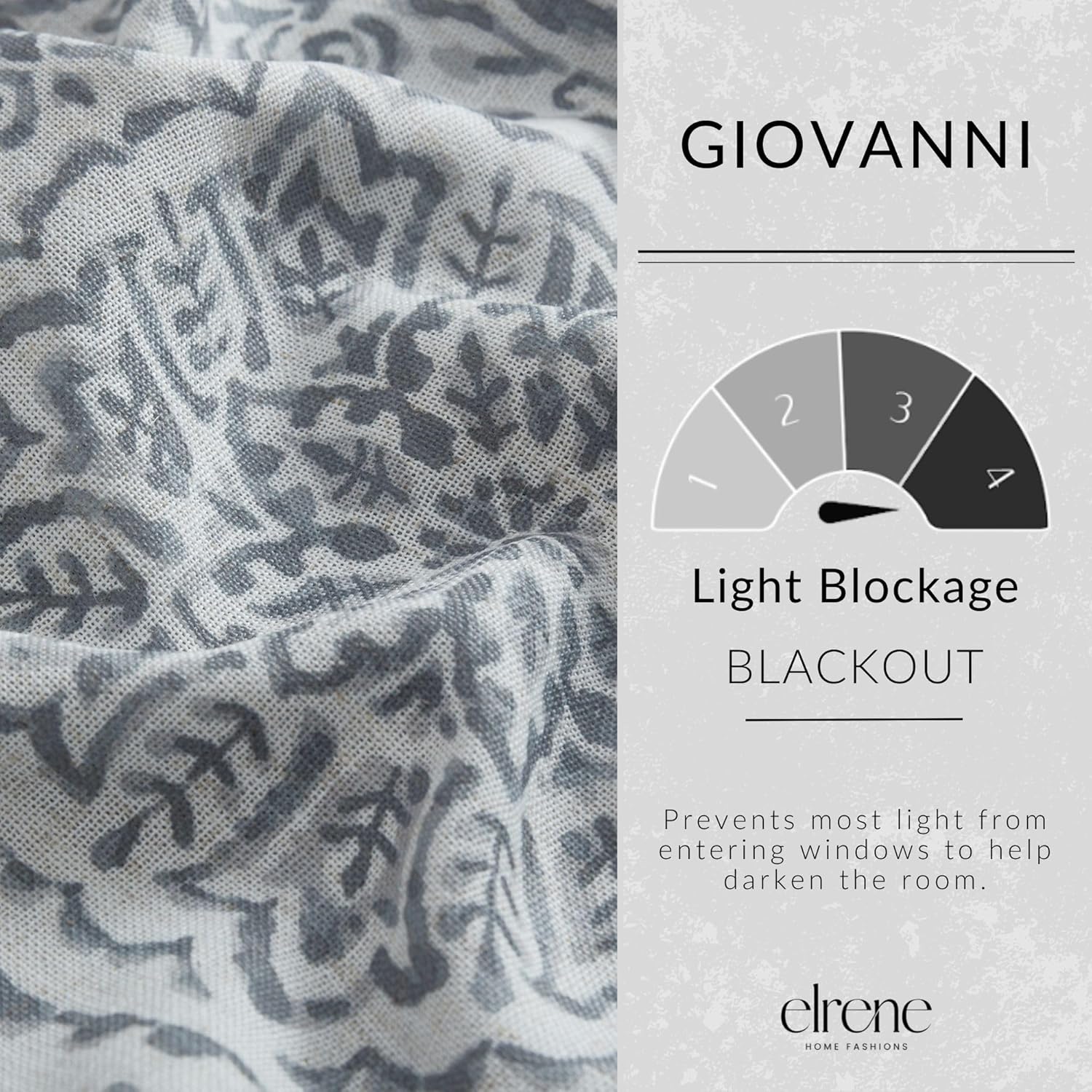 Elrene Home Fashions Giovanni Medallion Block Print Linen Blend Blackout Lined Window Curtain Panel, 52"x95", Gray