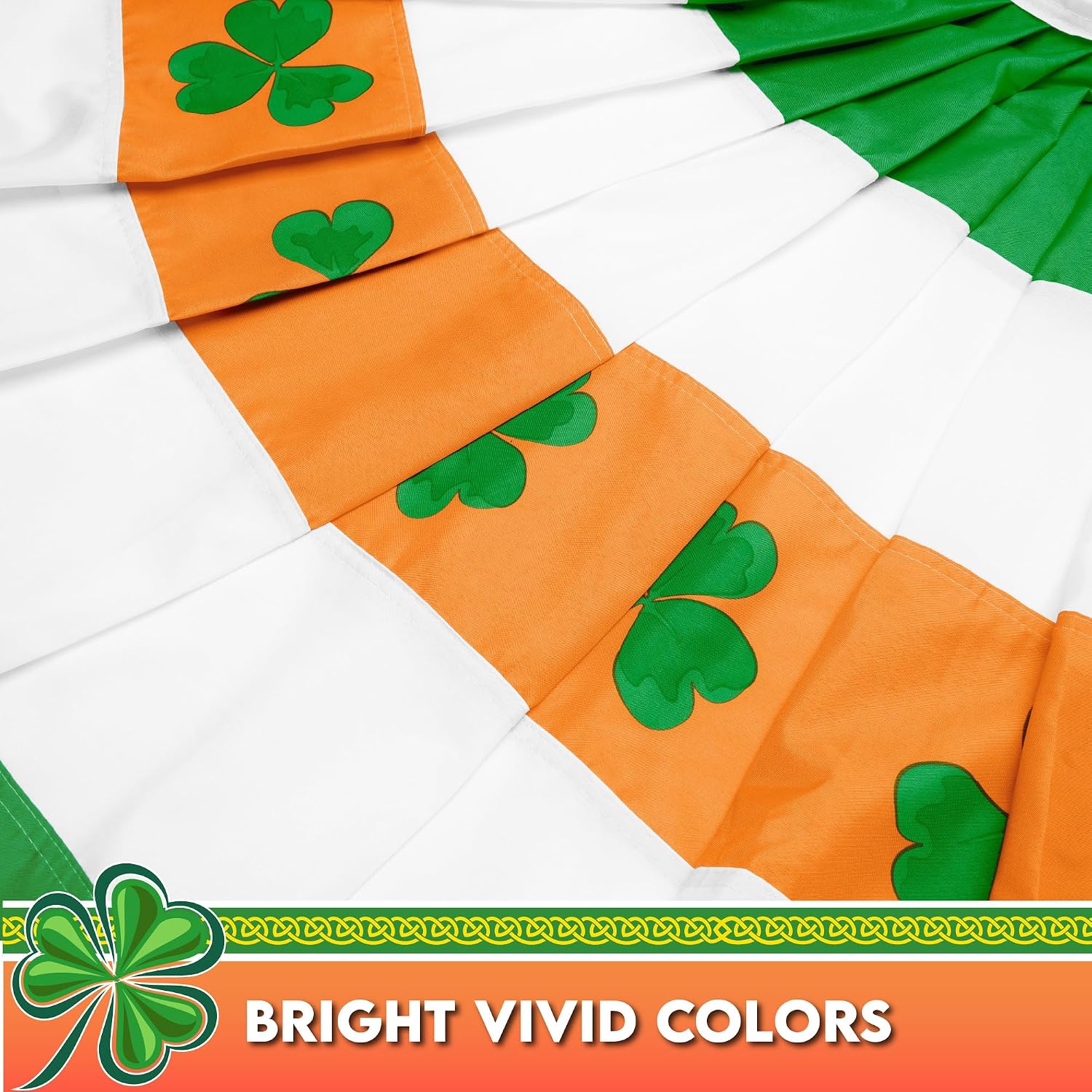 G128 Ireland Irish Shamrock Pleated Fan Flag | 3x6 Ft | Printed 150D Polyester | St. Patrick's Day Decor, Indoor/Outdoor, Vibrant Colors, Brass Grommets