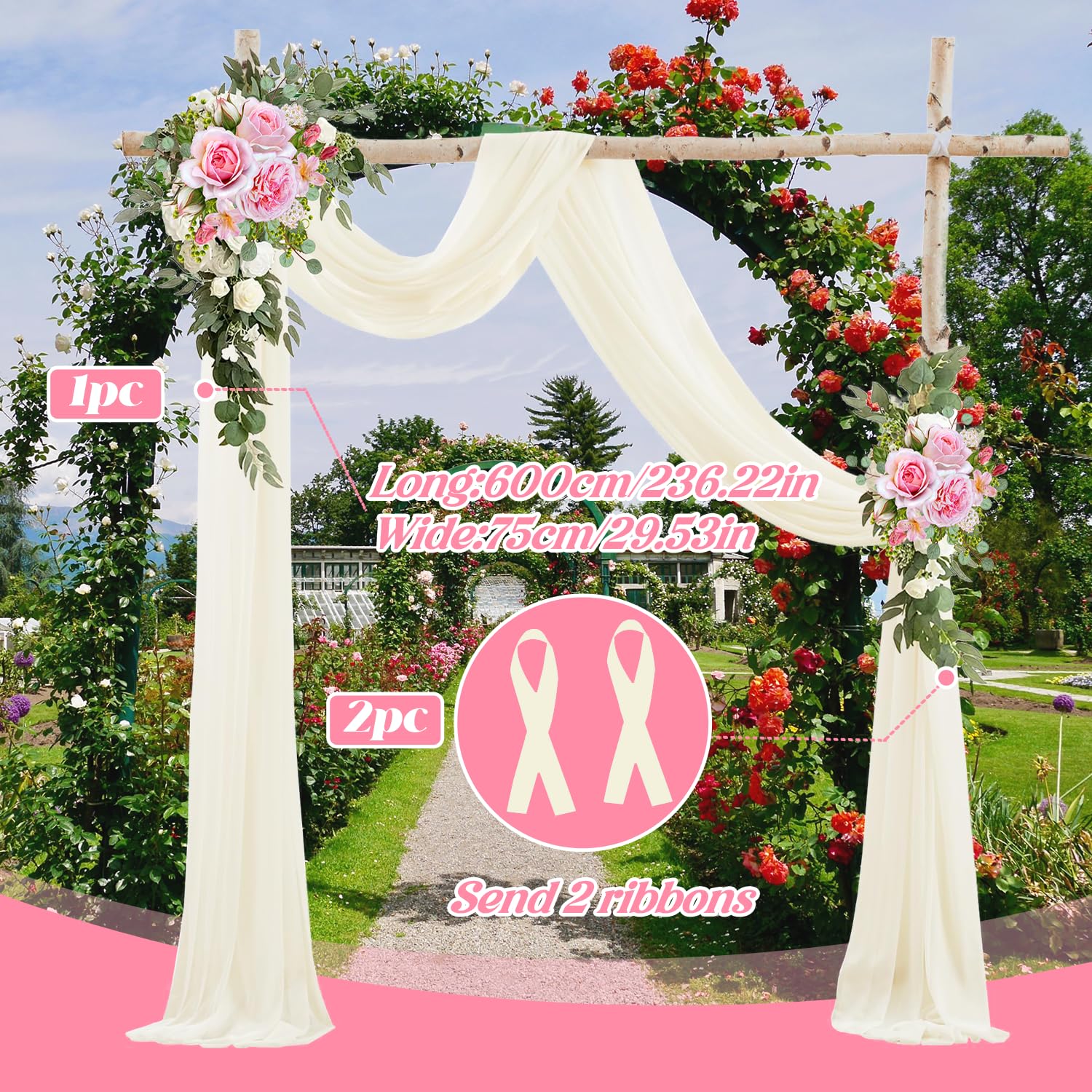NIERBO Tenda per matrimonio 75 x 600cm Tulle Tenda Arco Decorativa a Mano Libera Drappeggio Arco Nozze Per Decorazione Dell'arco Nozze, Festa, Fase Sfondo, Sparare Oggetti Scena (avorio)