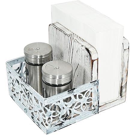 Owlgift Two-in-one Rustic Whitewashed Wood Condiment Tabletop Serving Caddy W/Napkin Holder, Metal & Wooden Napkin Holder, Freestanding Salt & Pepper Napkin Holder, Malfunction Salt Pepper Storage