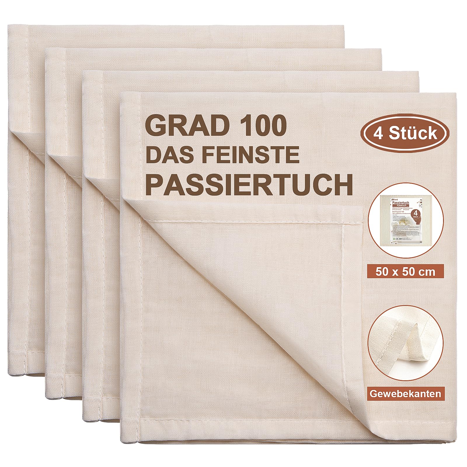 4 Panni In Mussola Per Cucina 50x50 Cm - 100% Cotone Non Sbiancato, Lavabili A 90°, Riutilizzabili Per Filtrare, Scolare, Fare Formaggio E Tofu