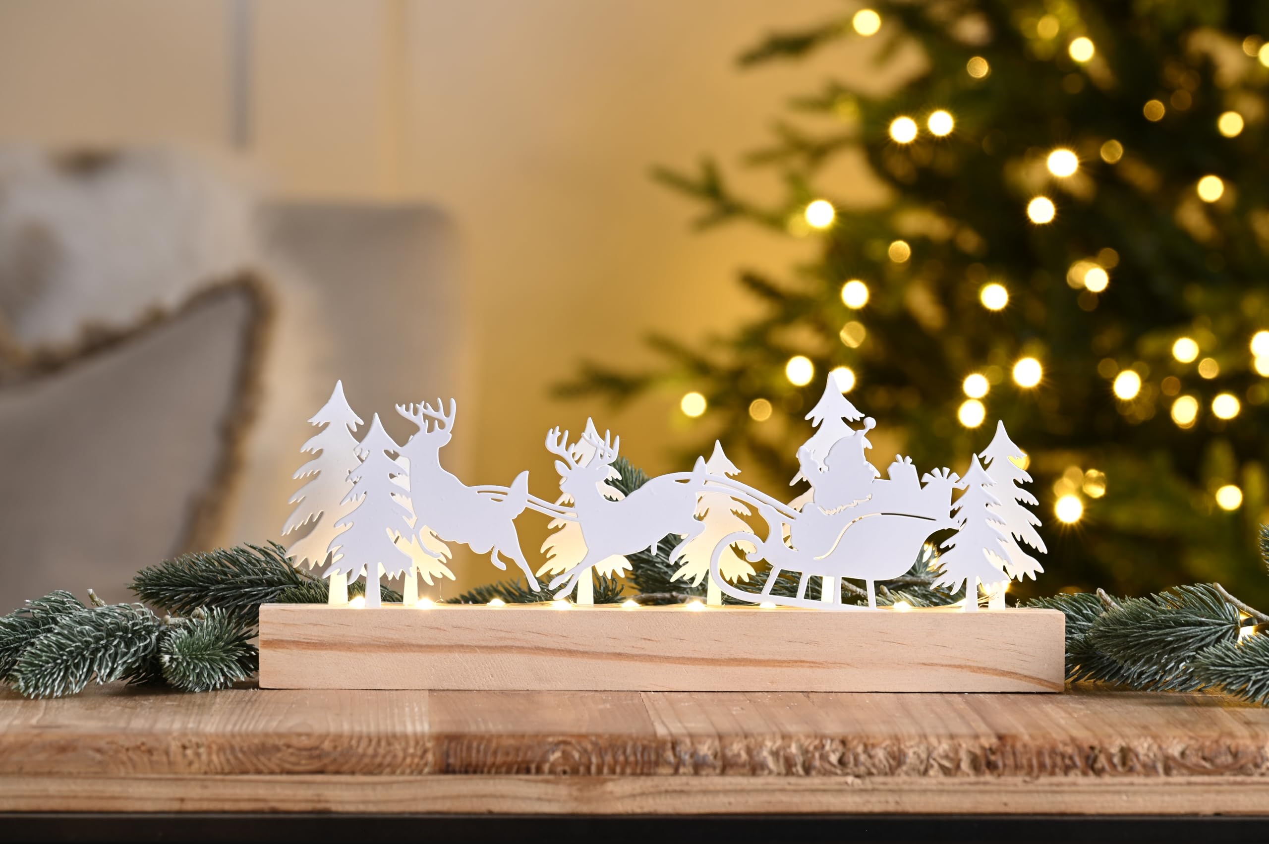Wood & Metal LED Light Up Table Top Decoration Santa Sleigh & Reindeer in a Winter Forest 30cm Long