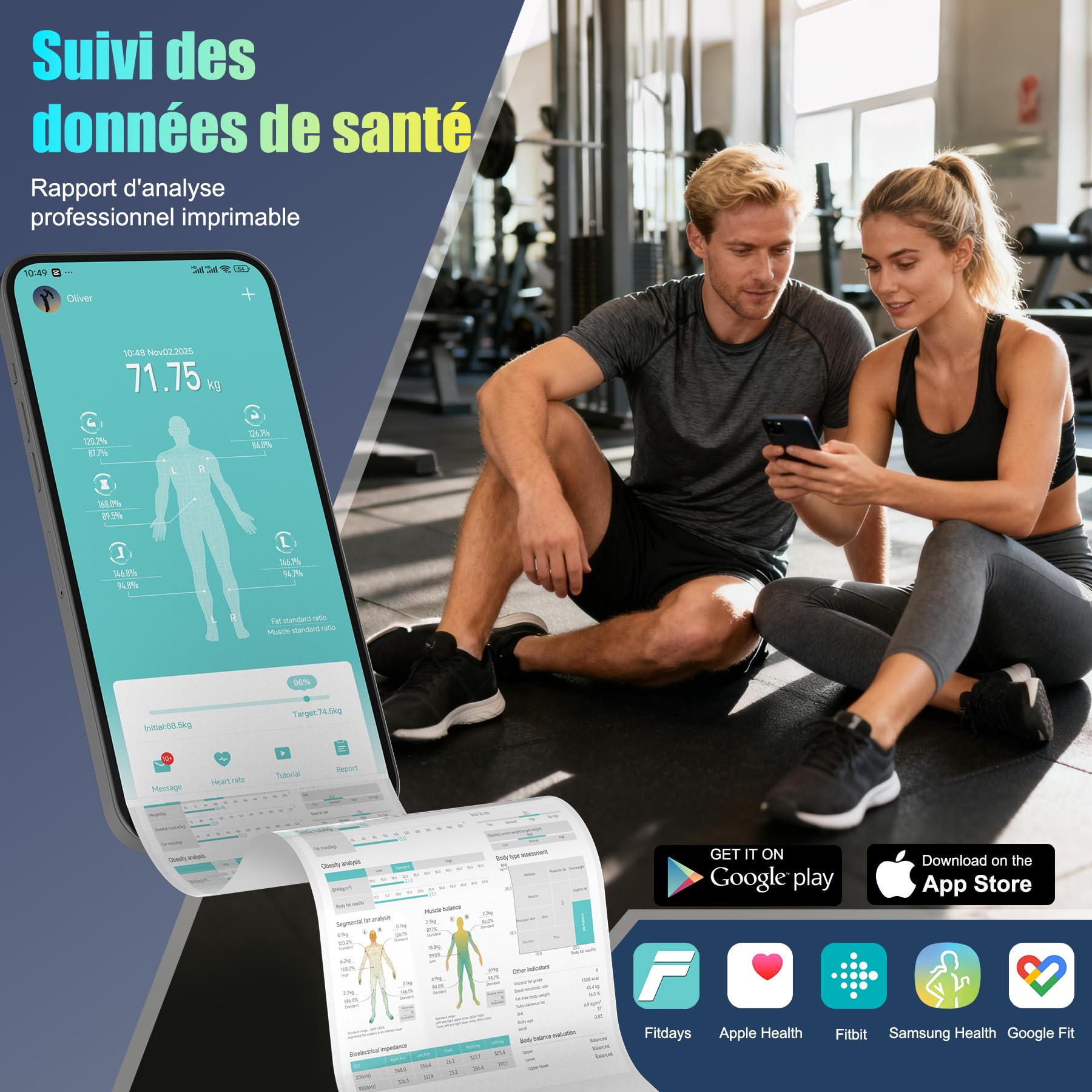 Balance Connectée Impédancemètre 8 Électrodes Professionnelle, Pèse Personne Masse Graisseuse et Muscle avec Poignée, 28 Mesures (Poids, IMC, Graisse), Grand Écran LED, Max 180kg/400lb