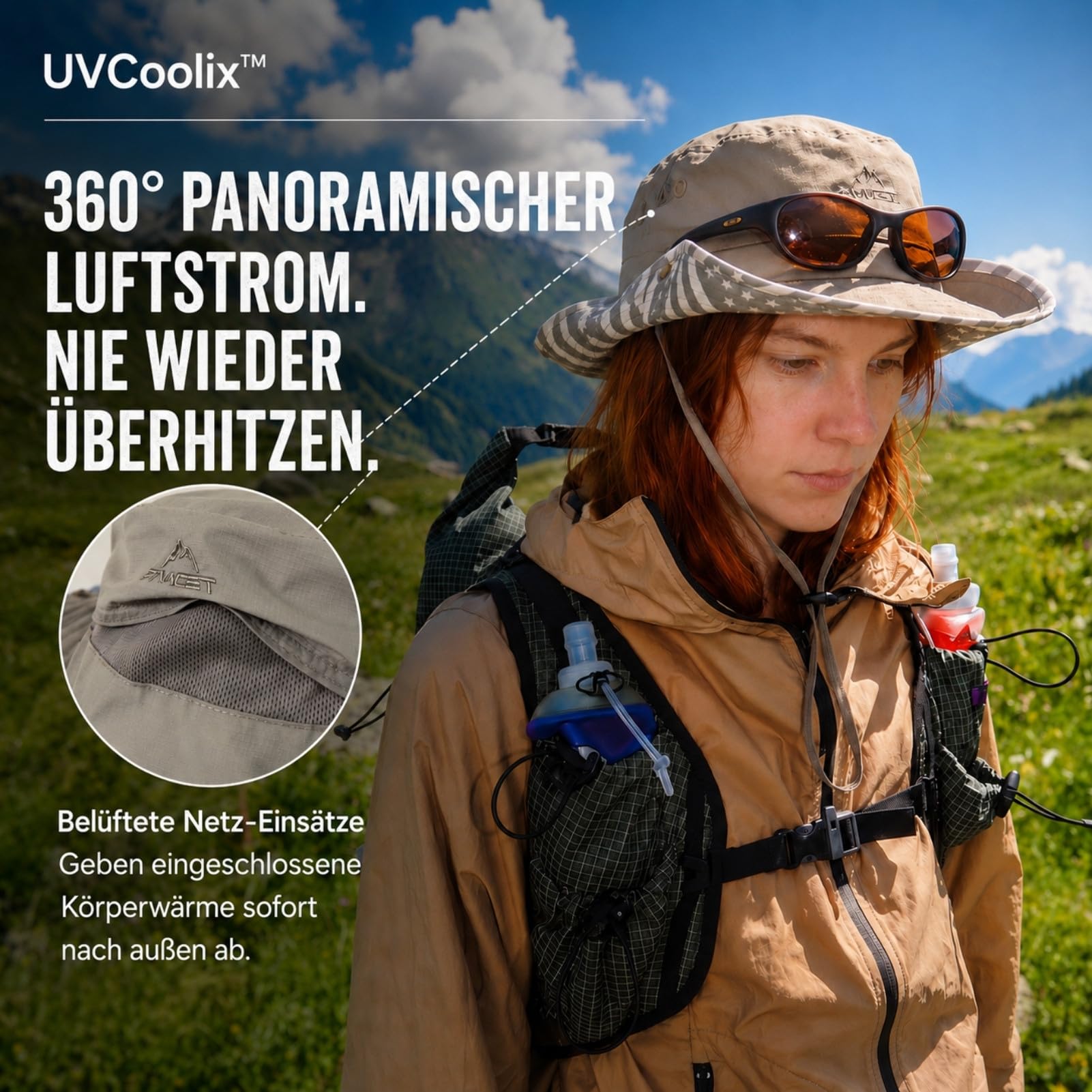TOP-EX Męski kapelusz przeciwsłoneczny UPF 50+, wodoszczelny, duże rondo, kapelusz outdoorowy z nadrukiem na spodzie ronda, M/L/XL/XXXL