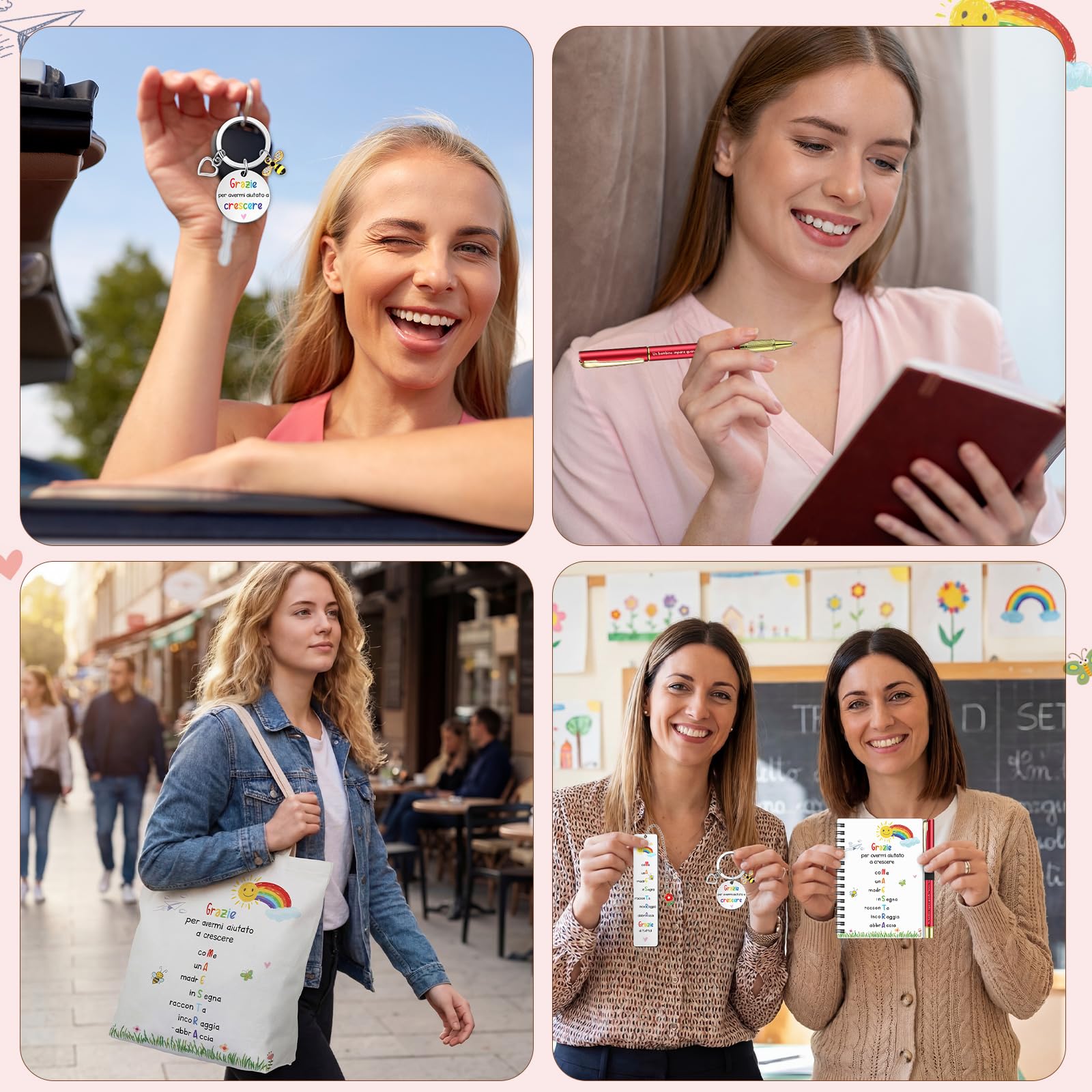 Hestya 5 Pezzi Regalo di Ringraziamento per Insegnante Include Borsa a Tracolla Blocco Note a Spiralato Portatile Portachiavi Segnalibri Penne a Sfera Regalo Maestre Fine Anno