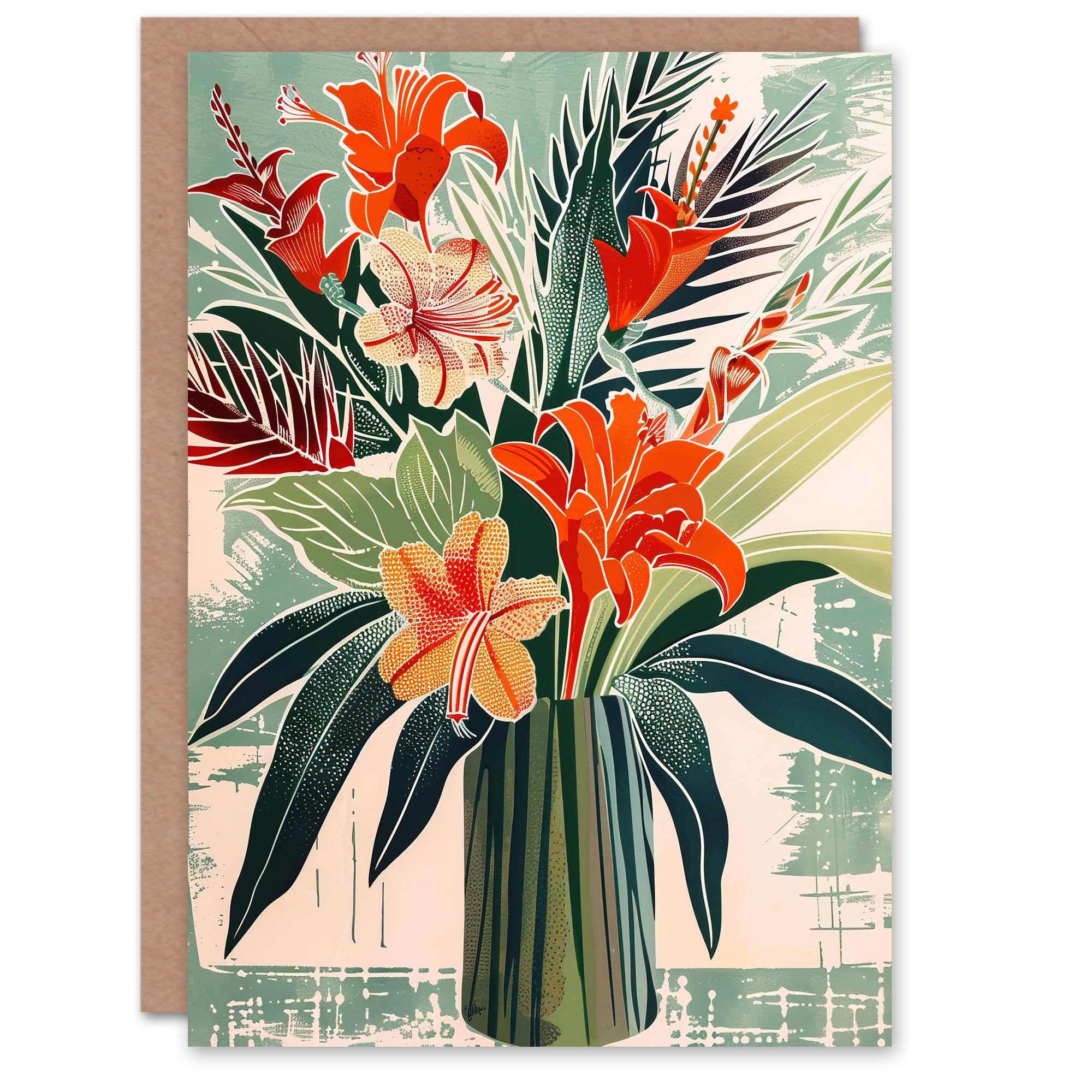 Artery8 Greeting Card Exotic Red Orange Lily Flower Vase Floral Spring For Her Woman Birthday Card