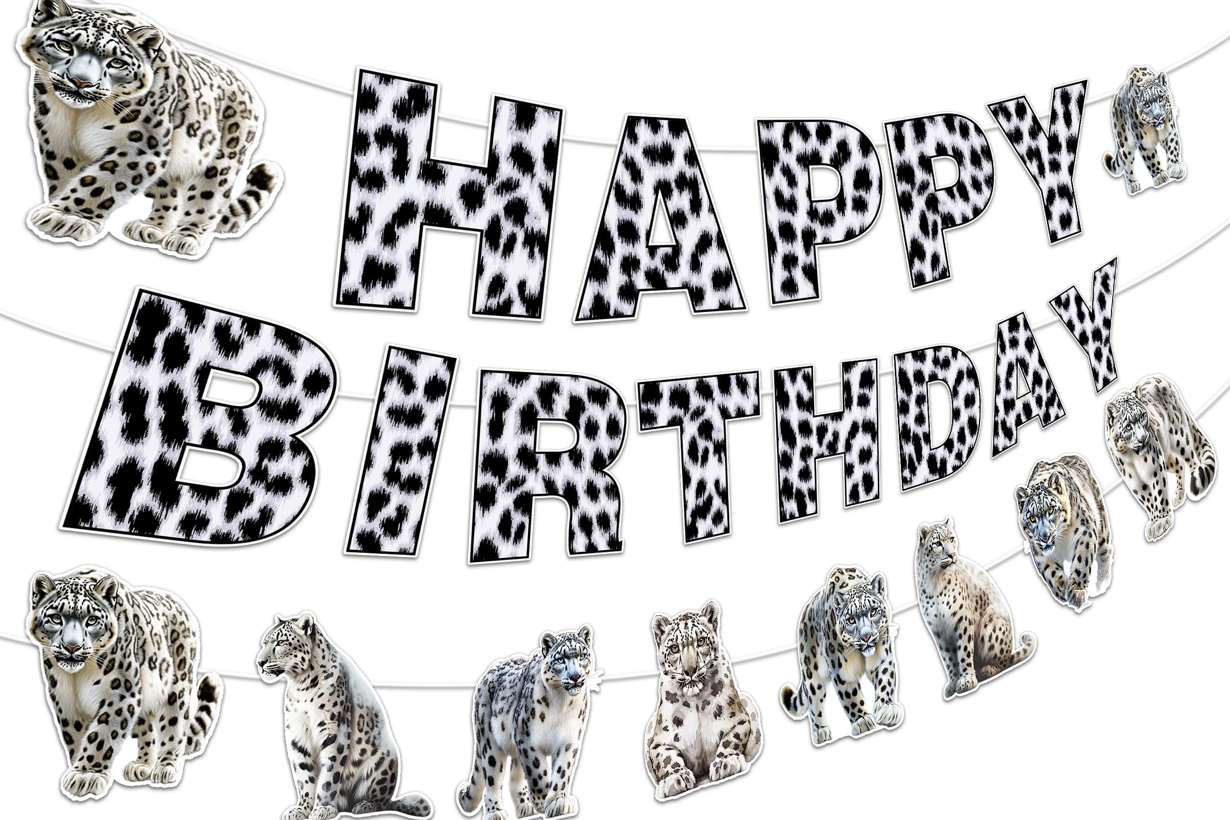 Snow Leopard Banner White Cheetah Print Happy Birthday Banner Snow Leopard Garland Realistic Wild Animal Hanging Decorations for Boys Girls Birthday Party Supplies
