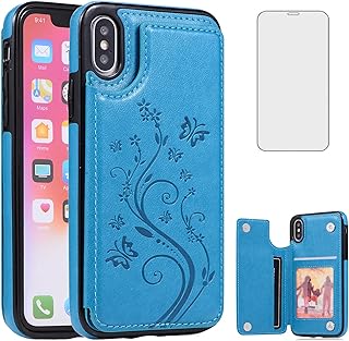 Phone Case for iPhone Xs X 10 10s with Tempered Glass Screen Protector Card Holder Wallet Cover Stand Flip Leather Cell iPhoneX iPhoneXs iPhone10 i PhoneX SX 10x 10xs Xâ€™s Cases Women Men Blue