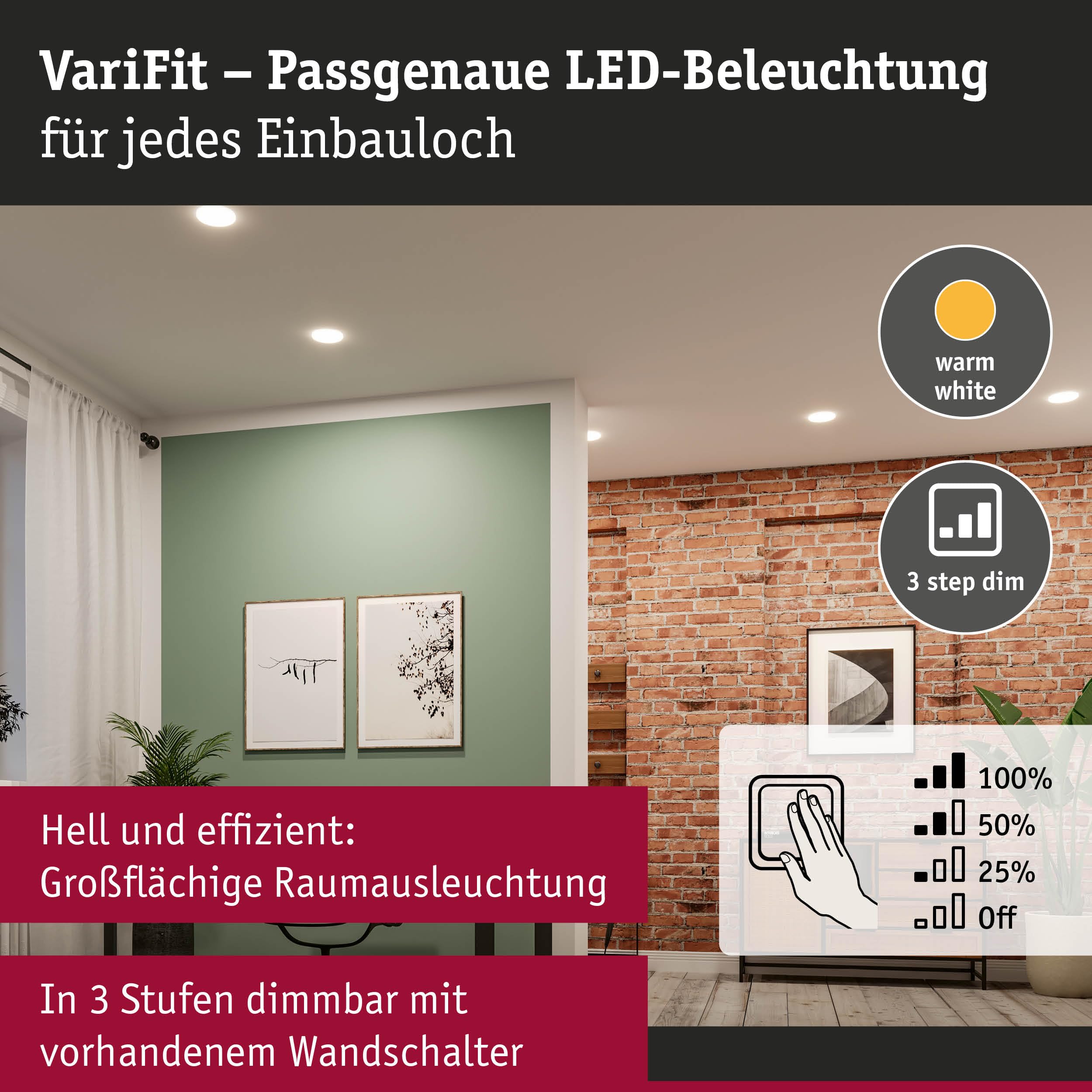 Pauleen Paulmann 93063 Pannello LED Lampada da Incasso Veluna VariFit IP44 dimmerabile su 3 Livelli 185mm Tondo 1x17 Watt plafoniera Satinato plastica 3000 K 17 W, Chrome Matt, Ø