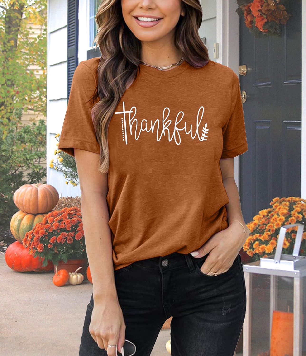 Thanksgiving Shirts for Women Thankful Graphic Letter Print T-Shirt Casual Short Sleeve Tee Tops - Image 8