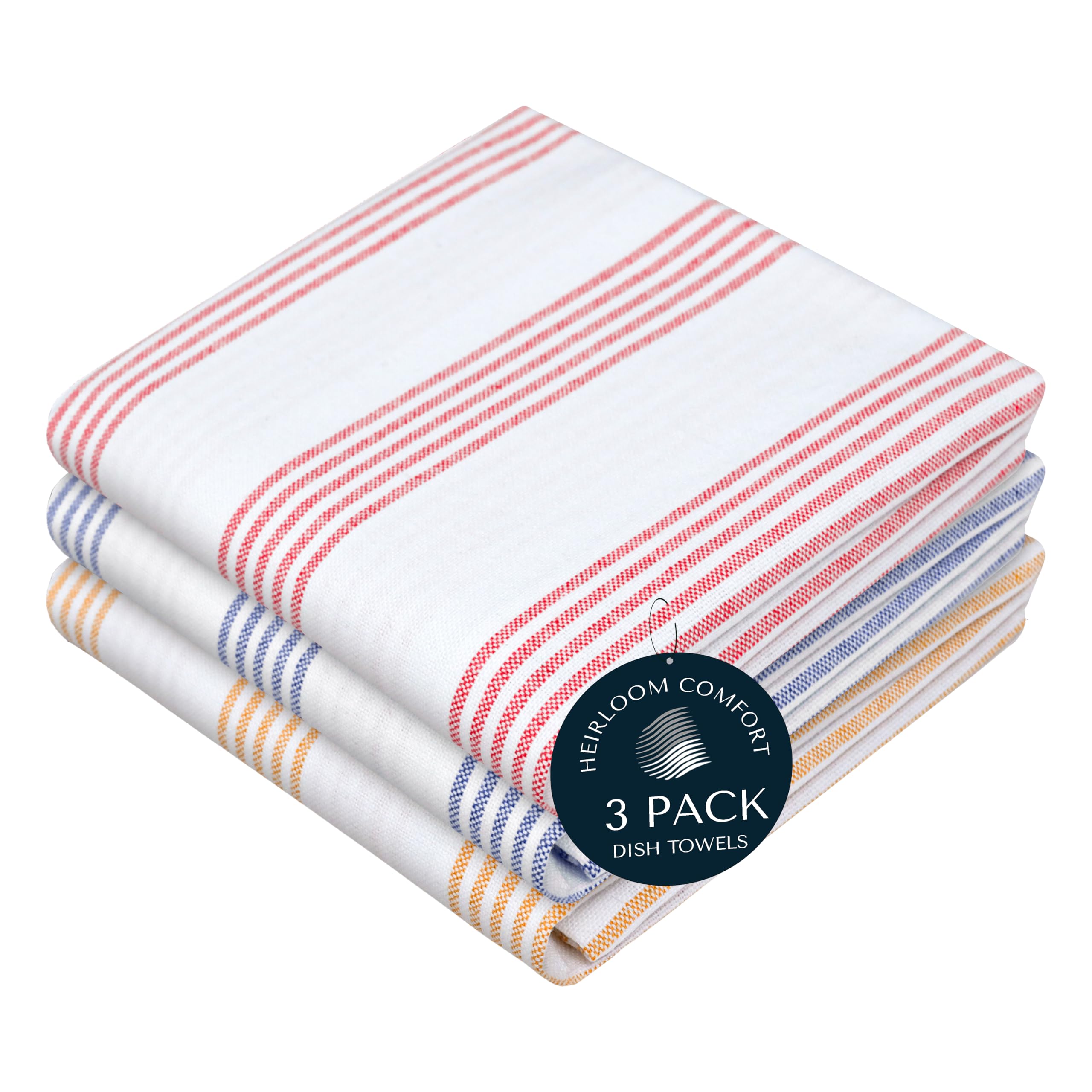 HEIRLOOM COMFORT Multi Colors Kitchen Towels 3 Pack, 100% Cotton, Pin Striped Towel Set, Super Absorbent