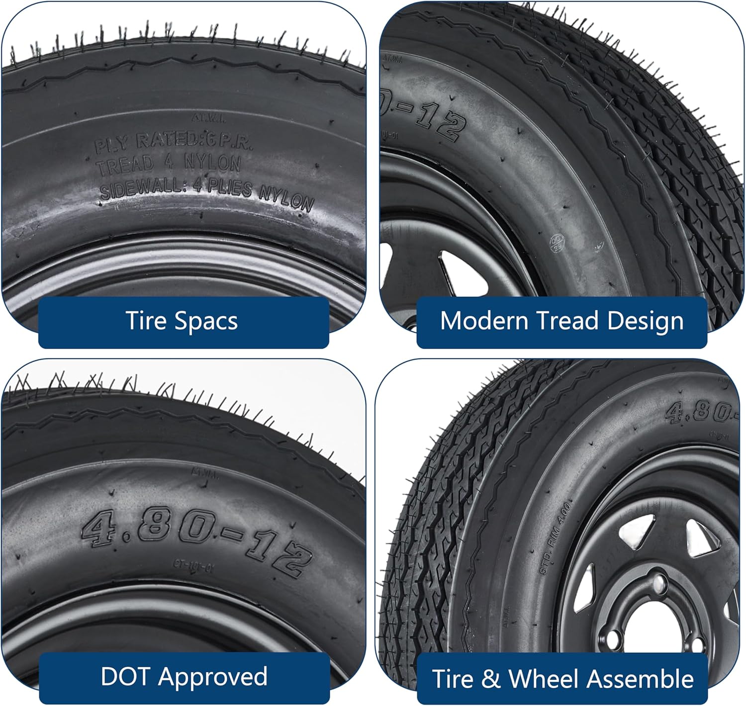 4.80-12 4.80x12 480-12 4.8-12 Trailer Tires with 12 in Rims, Complete Tire and Rim Set, Load Range C, 6PR, Black (4 Lug on 4", 4.80-12)