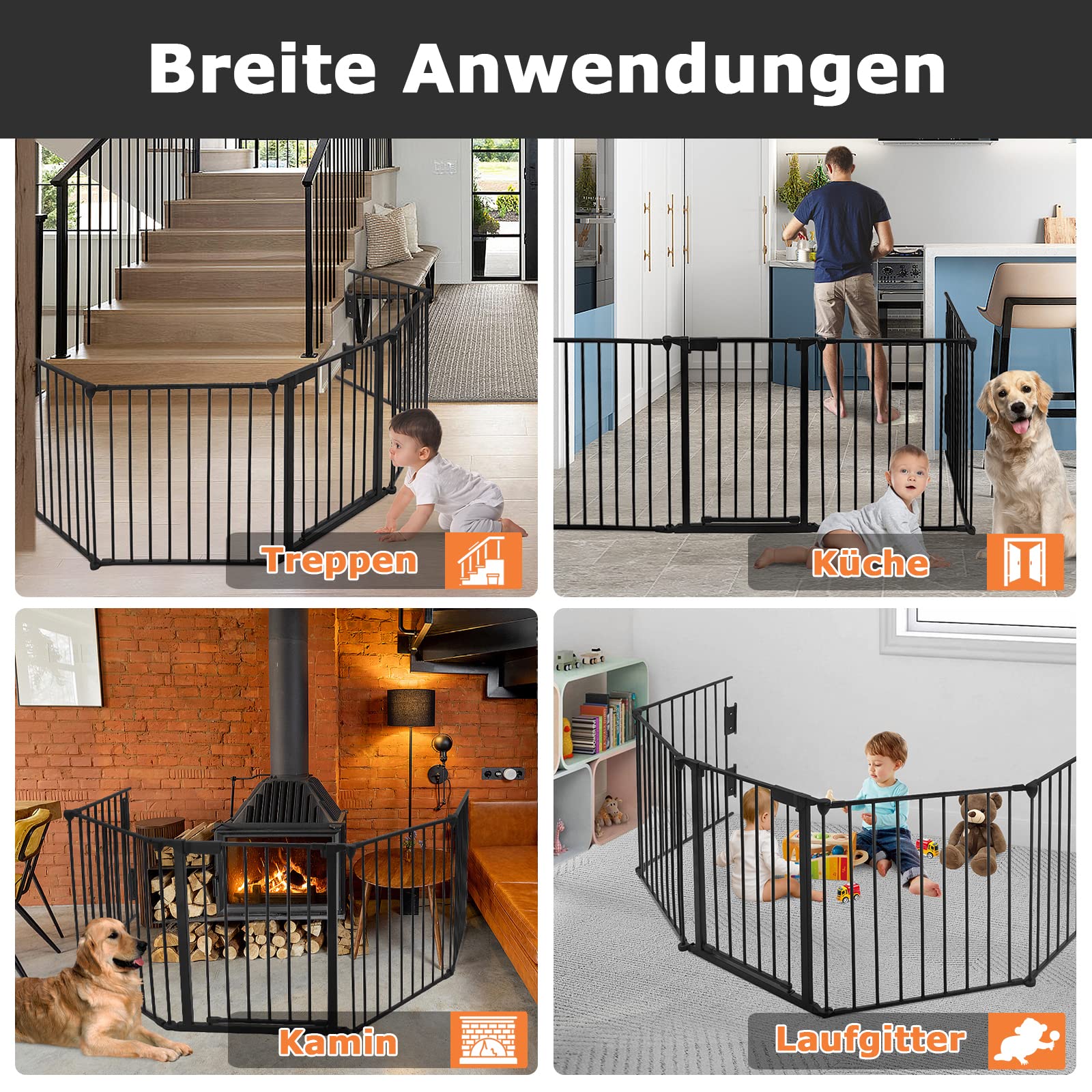 UISEBRT Cancelletto di Protezione per Camino, Sicurezza Barriera Protettiva Pieghevole per Bambini, Cani, Animali, Stufa, 300 x 75 cm, 4 pezzi, Nero
