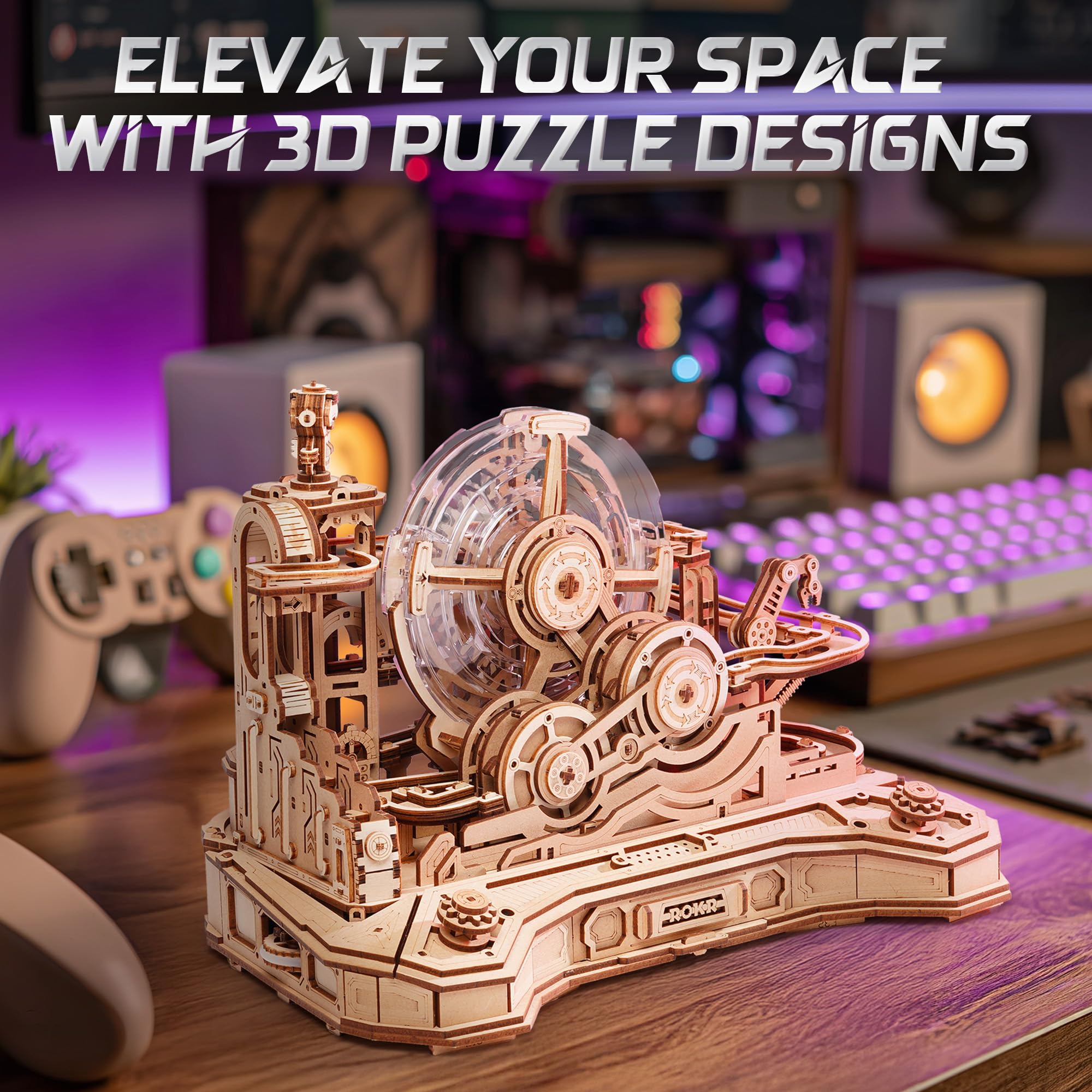 ROKR Puzzle drewniane 3D Marble Run zestawy modeli dla dorosłych do budowania, zabawka budowlana Gear Ball Challenge, prezenty dekoracyjne DIY na biurko dla mężczyzn i dzieci
