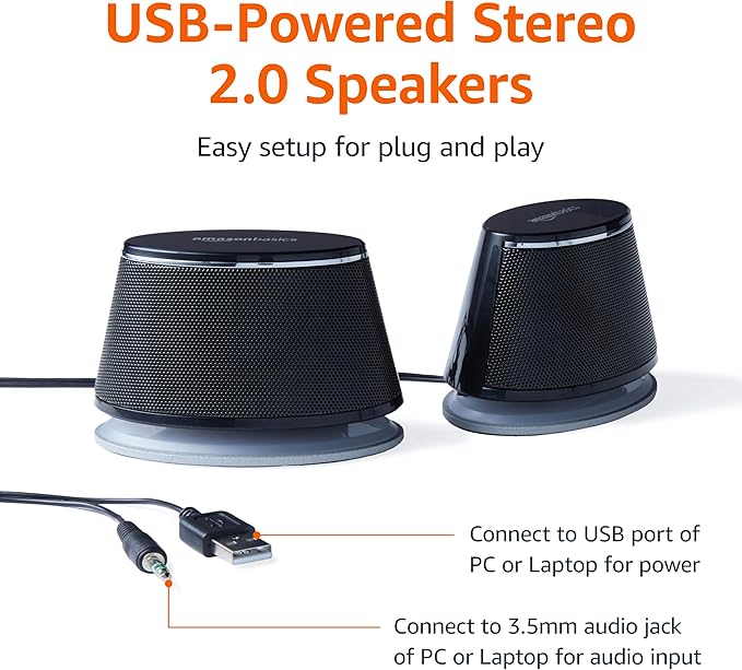Amazon Basics Stereo 2.0 Speakers for PC or Laptop, 3.5mm Aux input, USB-Powered, 1 Pair, Black