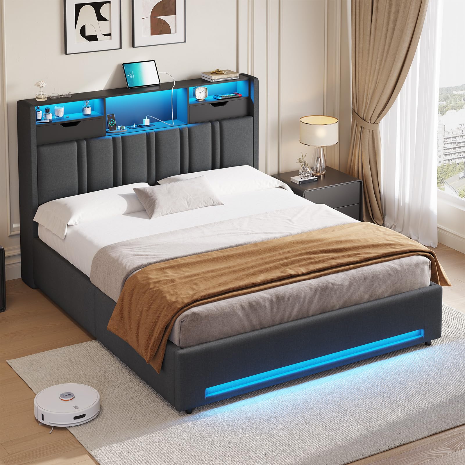 DICTAC Bett 160x200 Grau mit LED und USB-C – Polsterbett mit Bettkasten, Hydraulik, Stauraum 30cm, inkl. Lattenrost, gepolstertes Kopfteil mit Ladestation, Doppelbett für Erwachsene