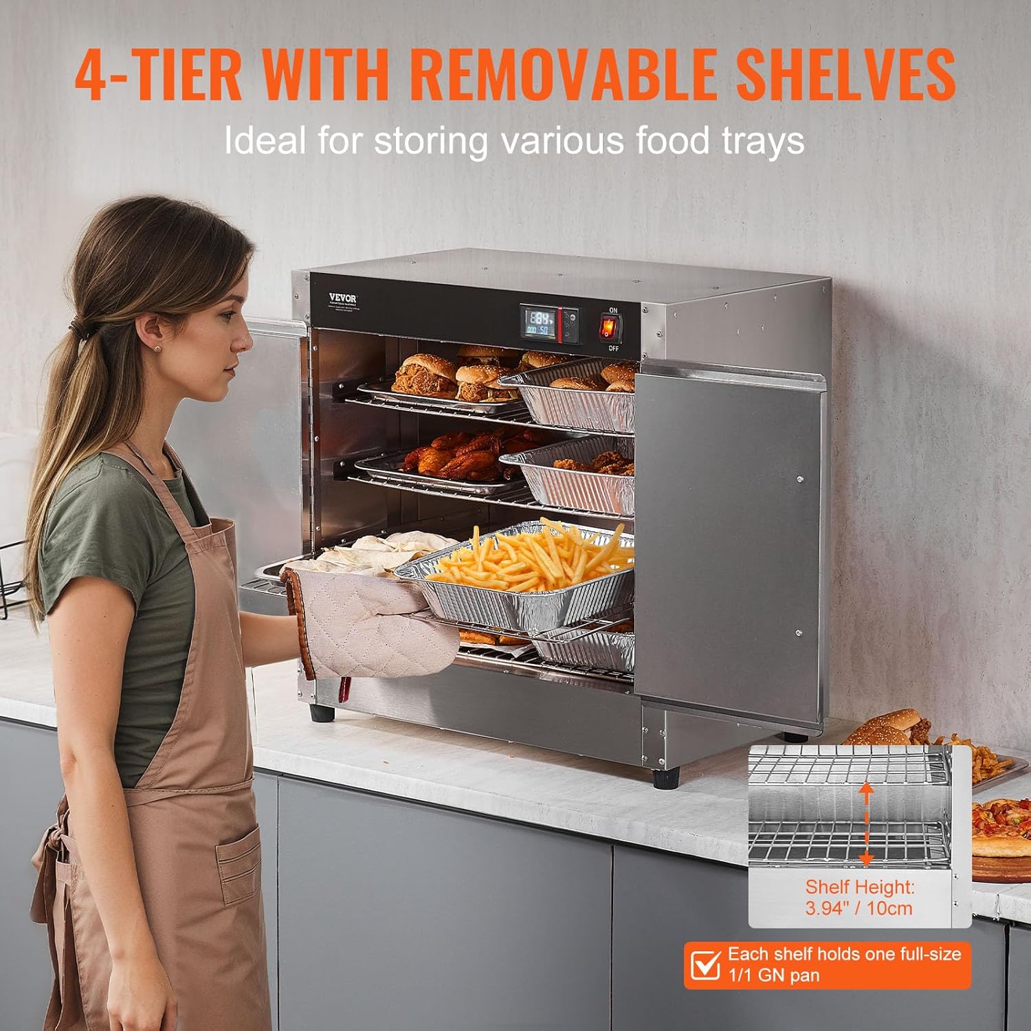 VEVOR Hot Box Food Warmer, 25"x15"x24" Concession Warmer with Water Tray, Four Disposable Catering Pans, Countertop Pizza, Patty, Pastry, Empanada, Concession Hot Food Holding Case, 110V