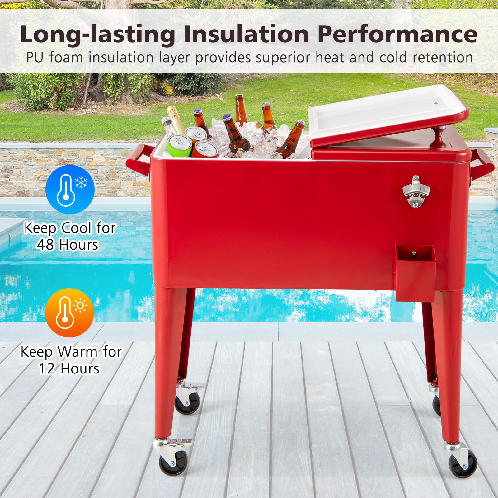 GYMAX Contenitore per ghiaccio da 80 litri, portatile, con ruote di bloccaggio, ripiano inferiore, apribottiglie, acchiappa tappi, per feste all'aperto, piscina, bevande