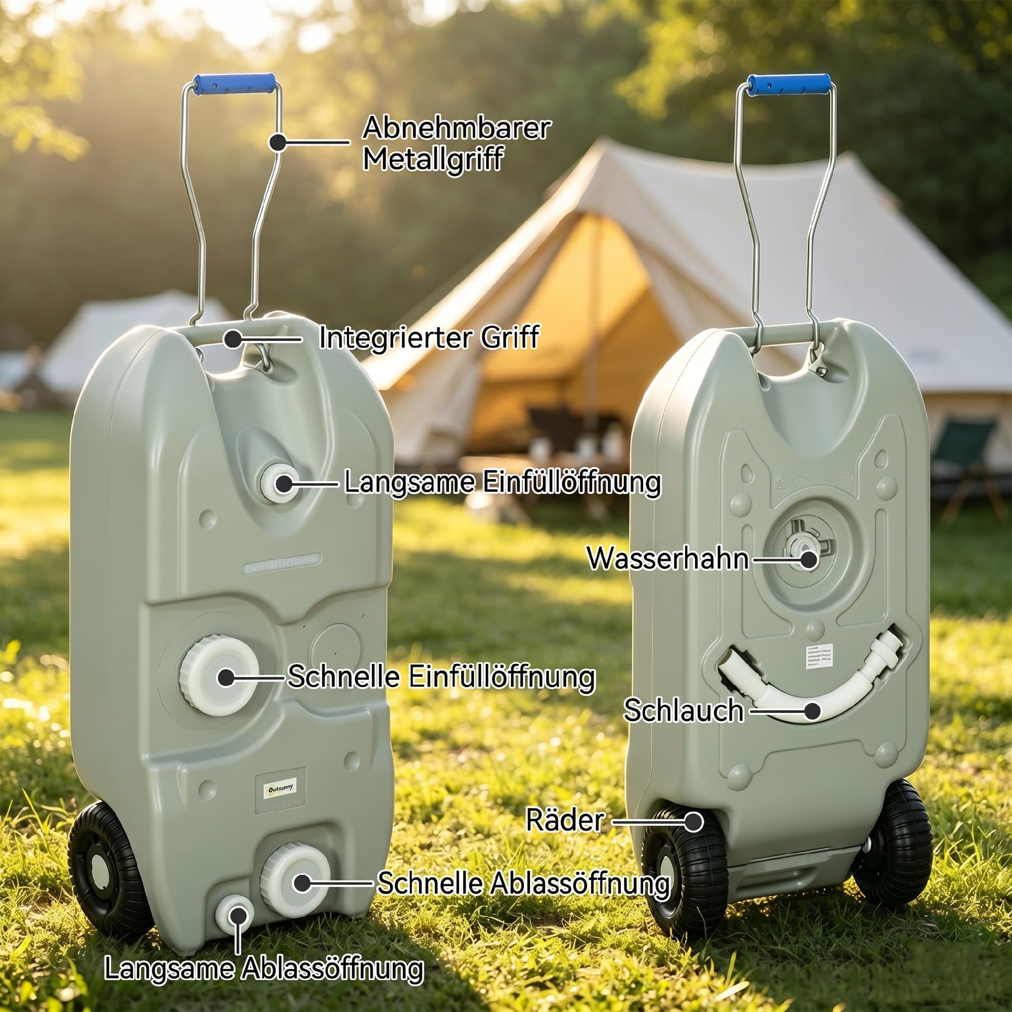 Outsunny 40 L Abwasser Rolltank Abwassertank Wohnmobil Rolltank mit Griff, Wassertank Camping Wasserkanister mit Hahn, Tragbarer Mehrzweckkanister, HDPE, Grau