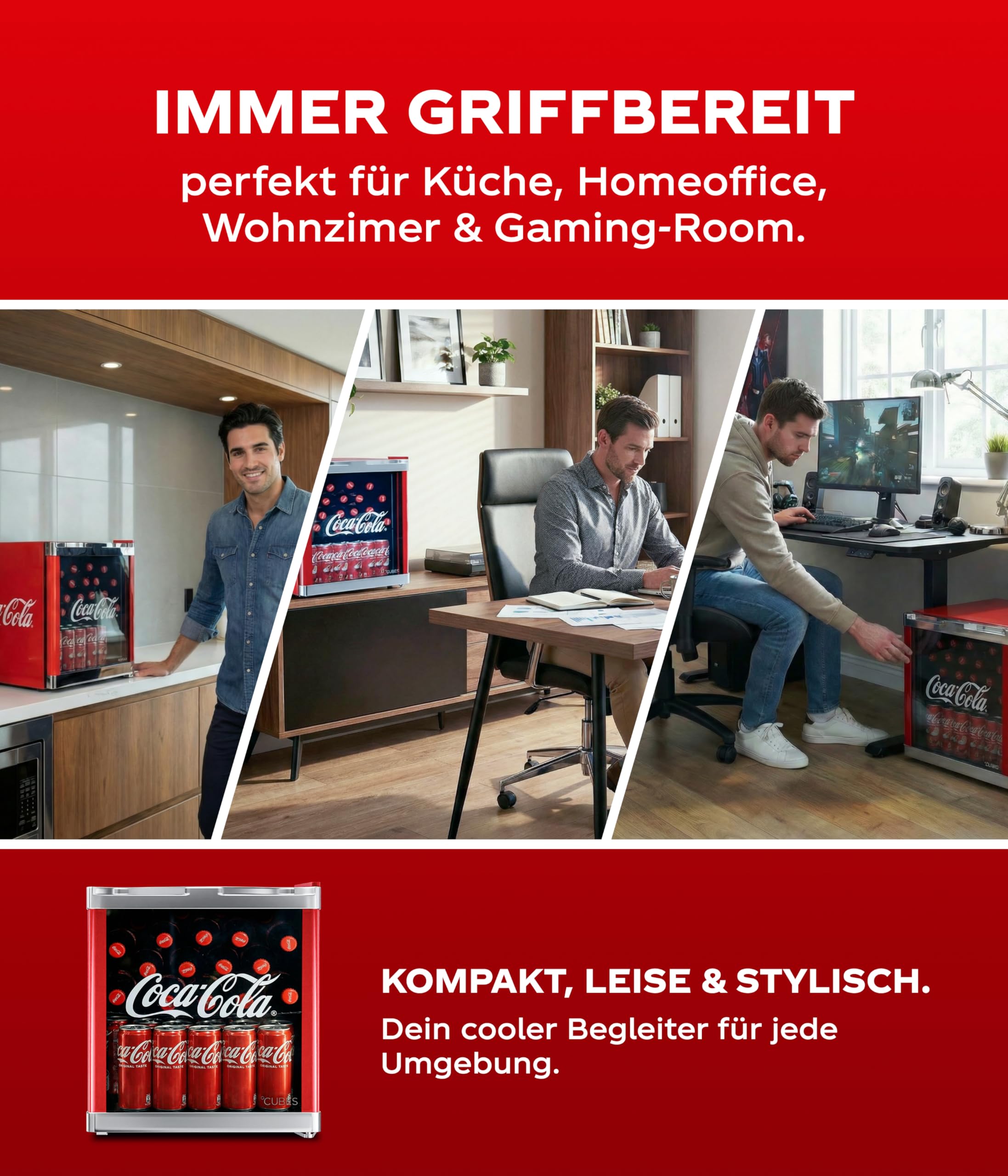 Coca-Cola Mini Kühlschrank Rot 48L Getränkekühlschrank mit Glastür leise energieeffizient