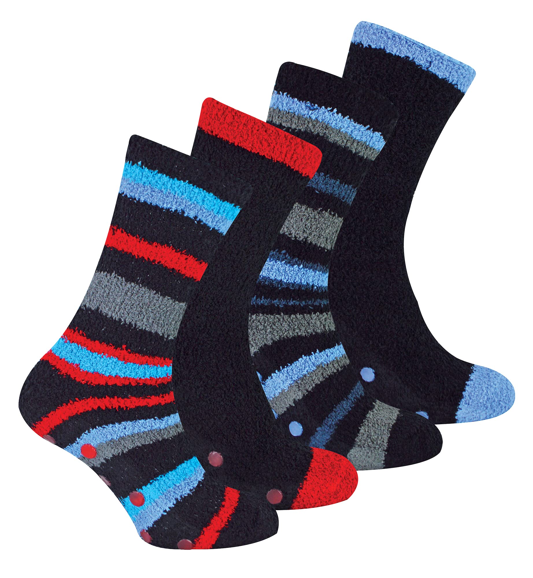 Sock Snob Men's Blue / Red Stripe 4 Pair Multipack Bed Socks | | Thermal Anti Slip Indoor Fuzzy Cosy Fluffy Slipper Socks (6-11, Blue/Red Stripe)