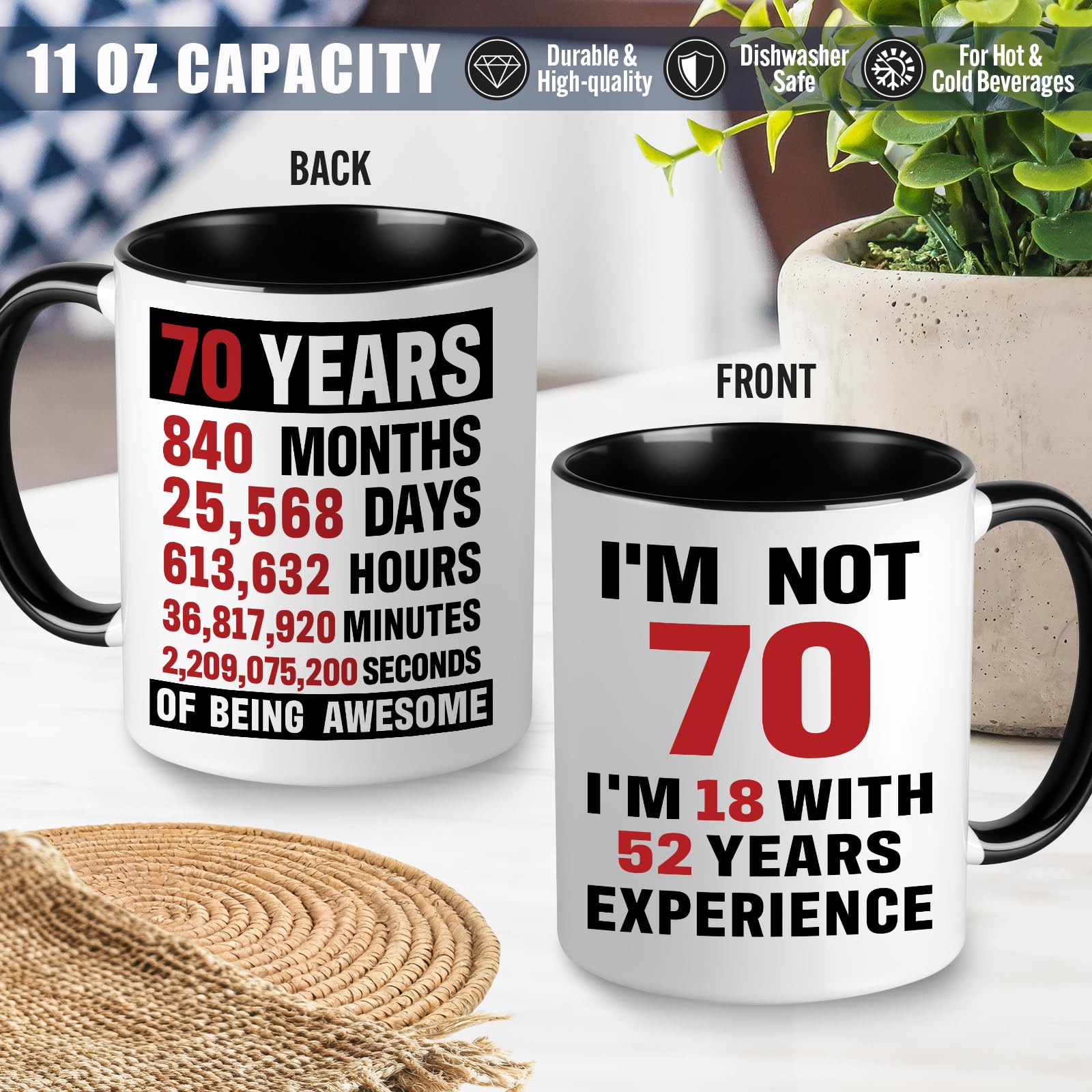 70th Birthday Gifts for Men Coffee Mug Set, 70th Birthday Party Supplies, Turning 70 Gift with 11 Oz Ceramic Cup Baseball Cap Apron Sock Bracelet Toilet Paper Keychain for Him, Dad, Husband, Friends