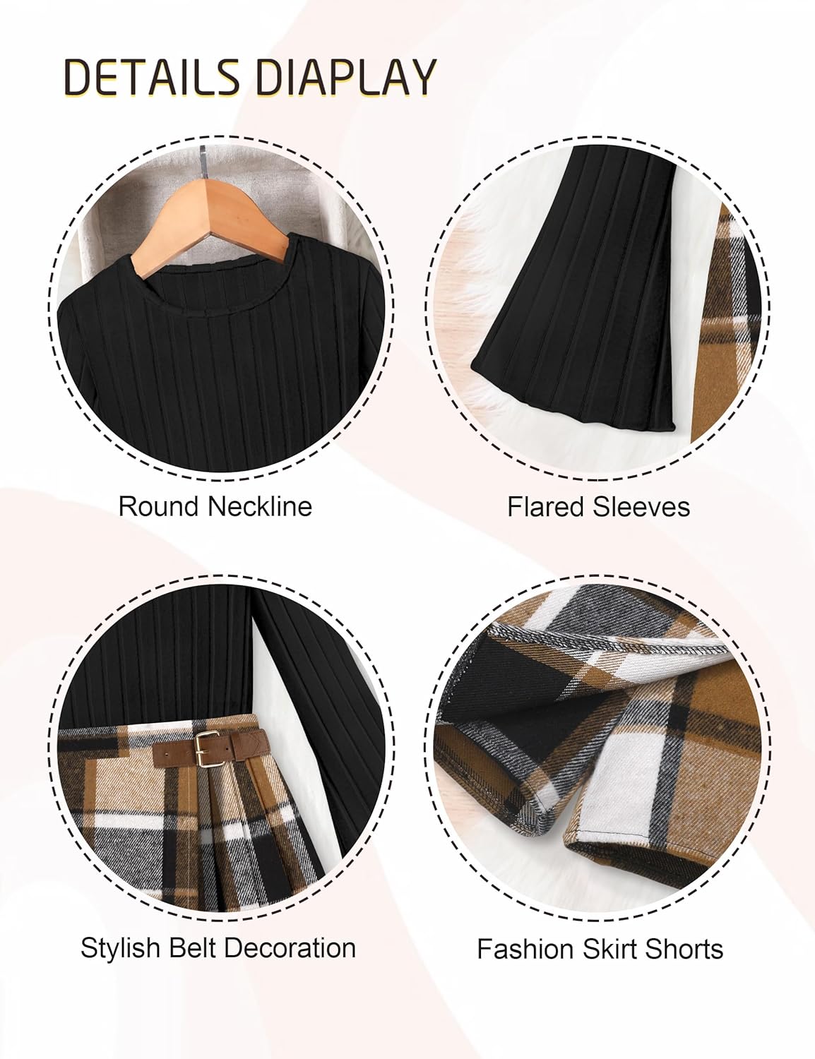 Girls Clothes 3Pcs Girl Outfits Solid Color Flare Sleeve Tops + Plaid Skirt Shorts + Beret Girls' Clothing Sets 7-14Y - Image 6