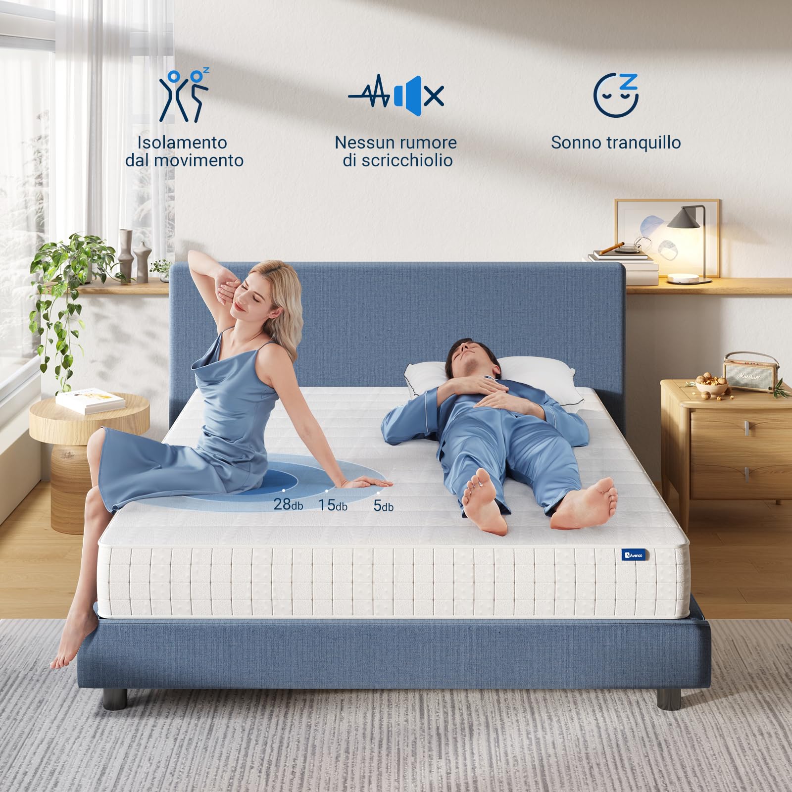 Avenco Materasso Matrimoniale 160x190, Altezza 20 cm, Materasso Molle Insacchettate, Materassi Letto, Materasso a 3 zone, Rigidità Media, Tessuto Traspirante, Certificato Oeko-Tex