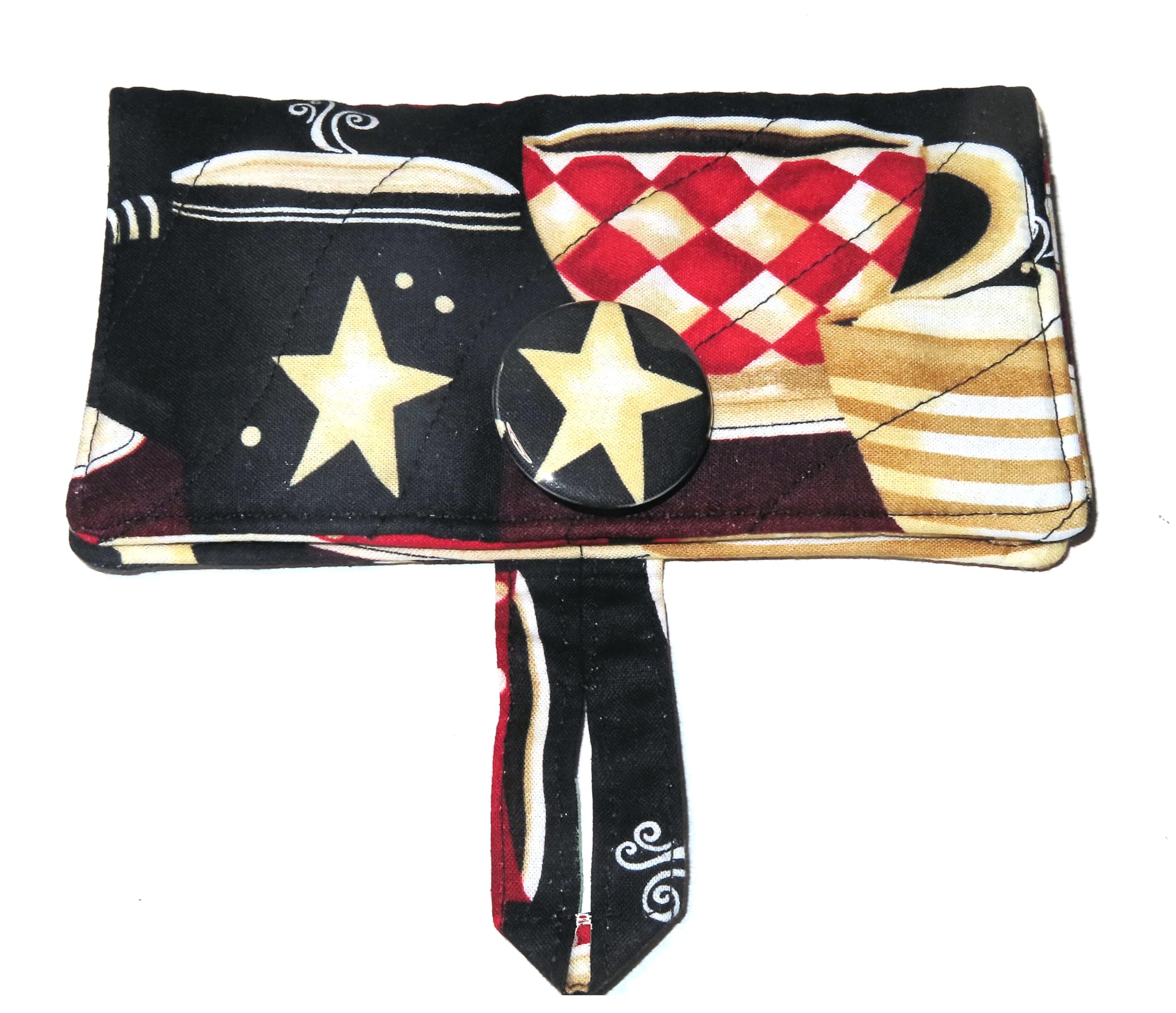 Tea Bag Wallet Includes 4 Tea Bags, Handcrafted, Four Pocket Wallet, English Tea Time Quilted Black Red and Cream Cups and Mugs