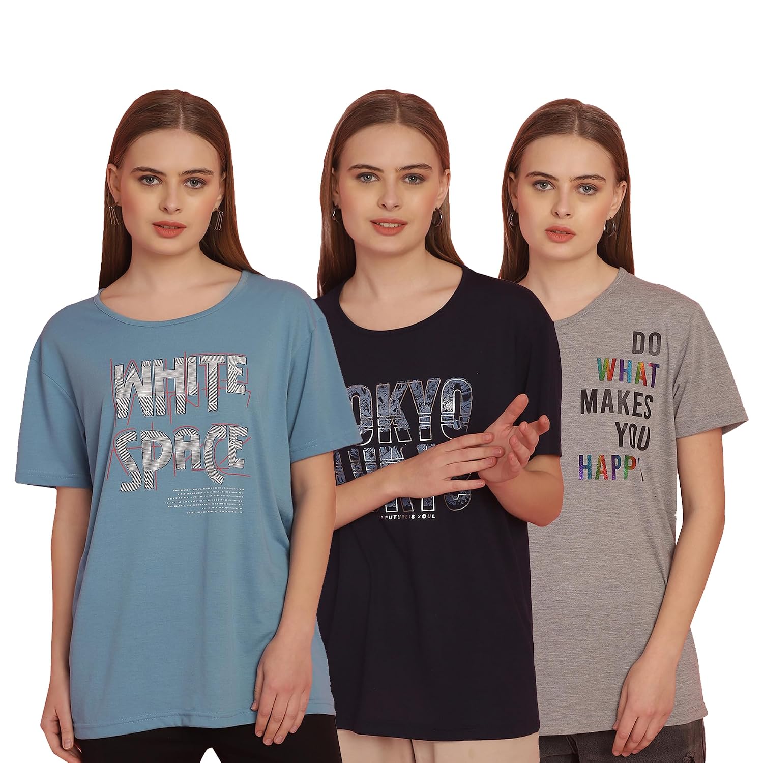Mack Jonney Printed Round Neck Cotton Regular Fit Half Sleeves Tshirt for Women(Pack of 3)-MACK631327