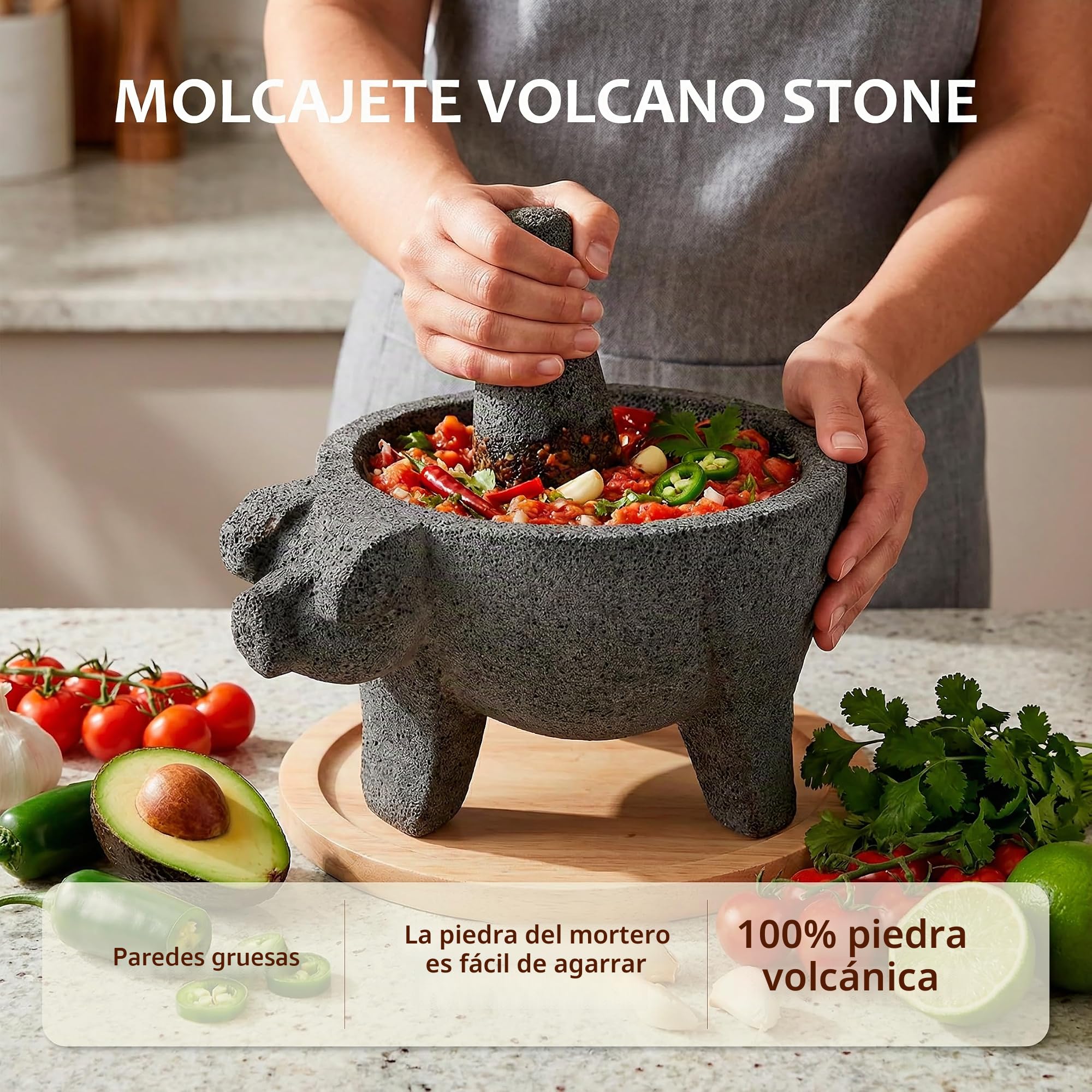 Mortero Molcajete de 9 pulgadas con diseño de cerdo, hecho a mano mexicano con lava de calidad ideal como tazón de hierbas, molinillo de especias, piedra volcánica