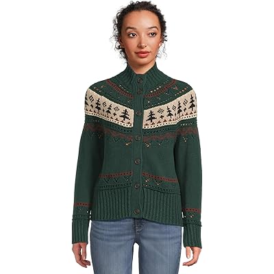 L.L.Bean Signature Cotton Fisherman Button Front Cardigan Sweater deepest green fair isle