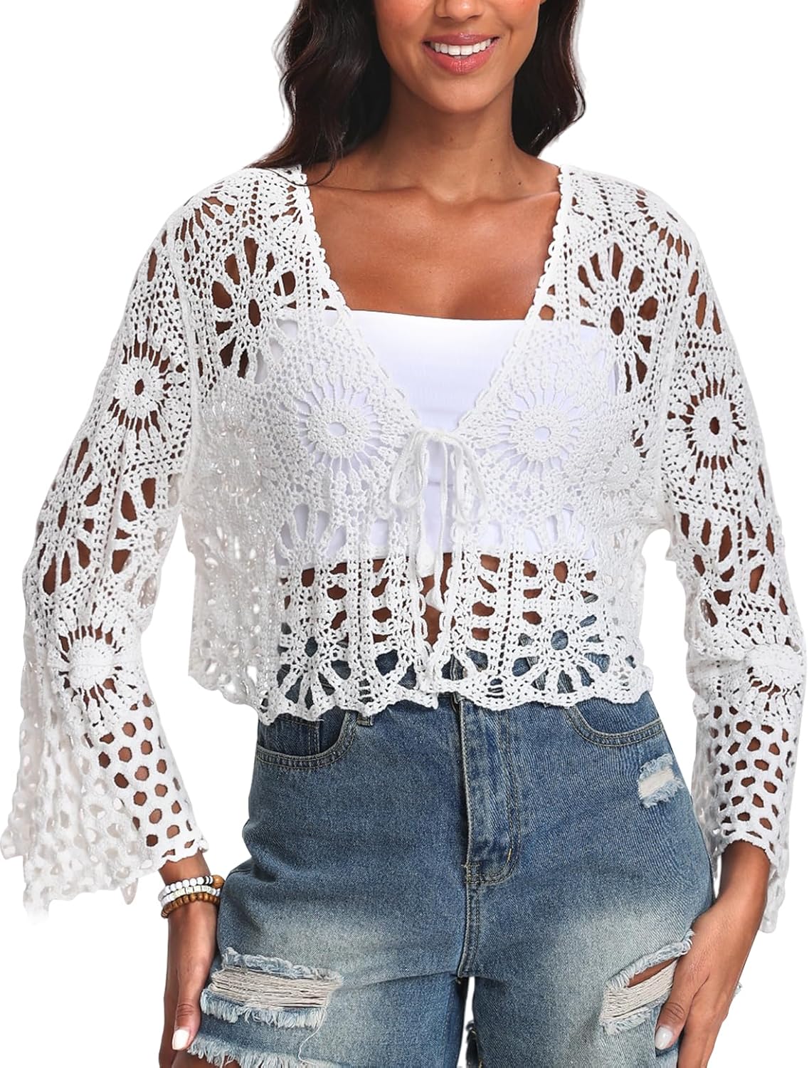 Women's Crochet Cardigan Bell Sleeve Tie Front Hollow Out Cropped Vacation Tops Summer Length Sleeve Beach Cover Ups
