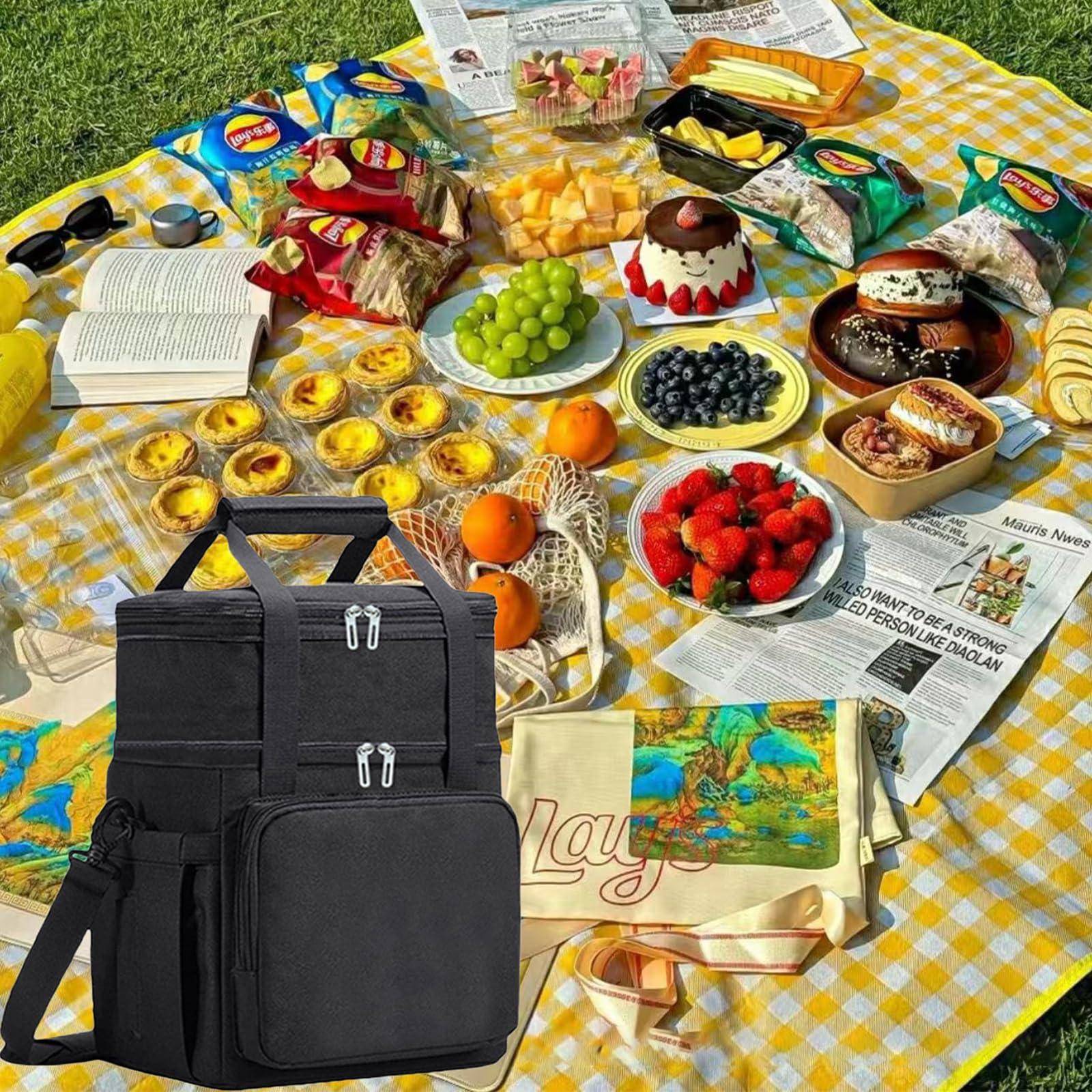 18 l Lunchbox für Herren, doppelstöckige Lunchtasche, weiche Kühltasche mit hartem Futter, isolierte Picknicktasche, auslaufsicher, mit Schultergurt, für Strand/Picknick/Reisen/Camping/Grillen