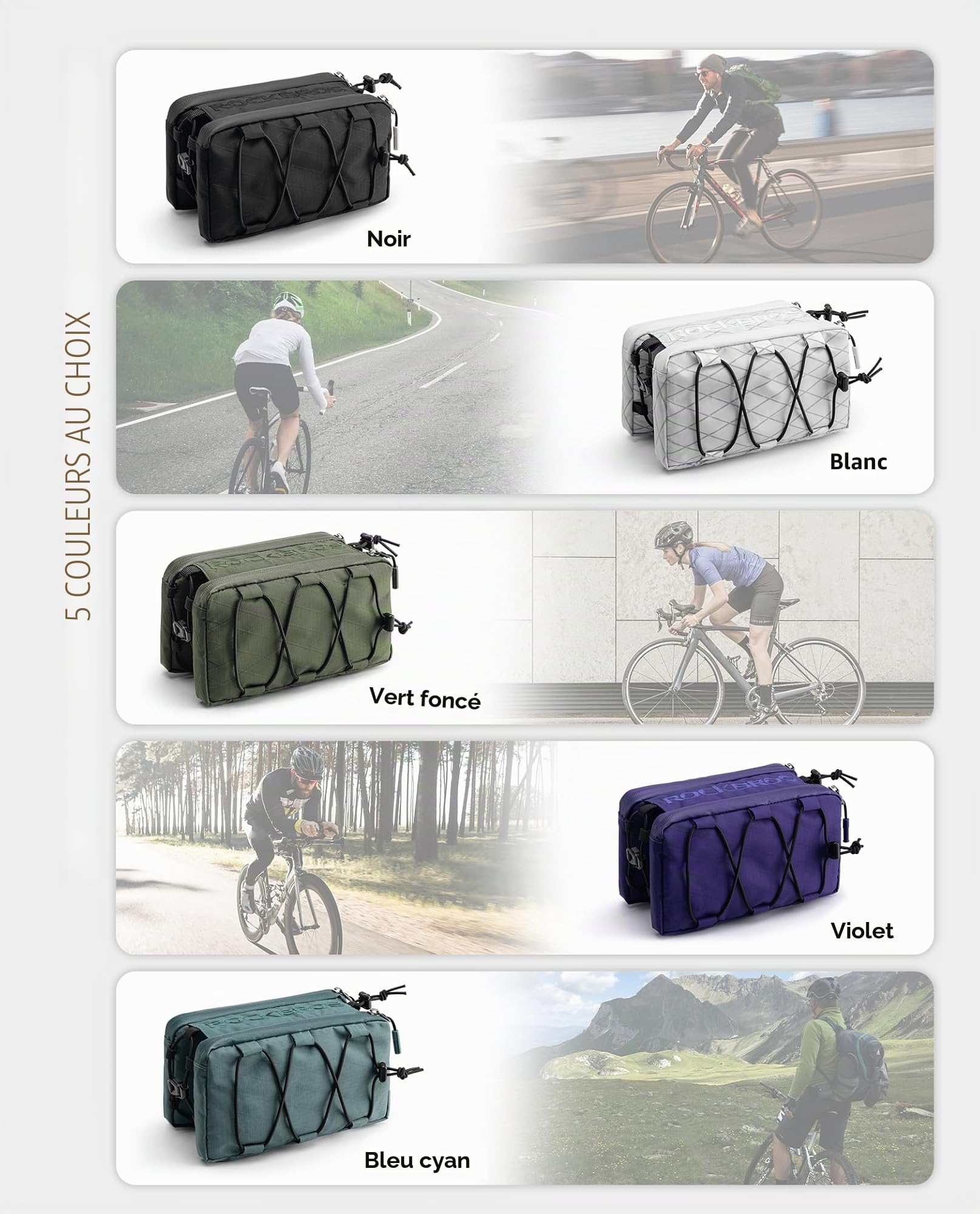 ROCKBROS Sacoche pour Cadre de Vélo, Sacoche pour Tube Supérieur de Vélo de Route MTB, Sacoche 1 L avec Bandoulière, 20 x 11 x 11 cm, Noir Vert Violet Bleu.