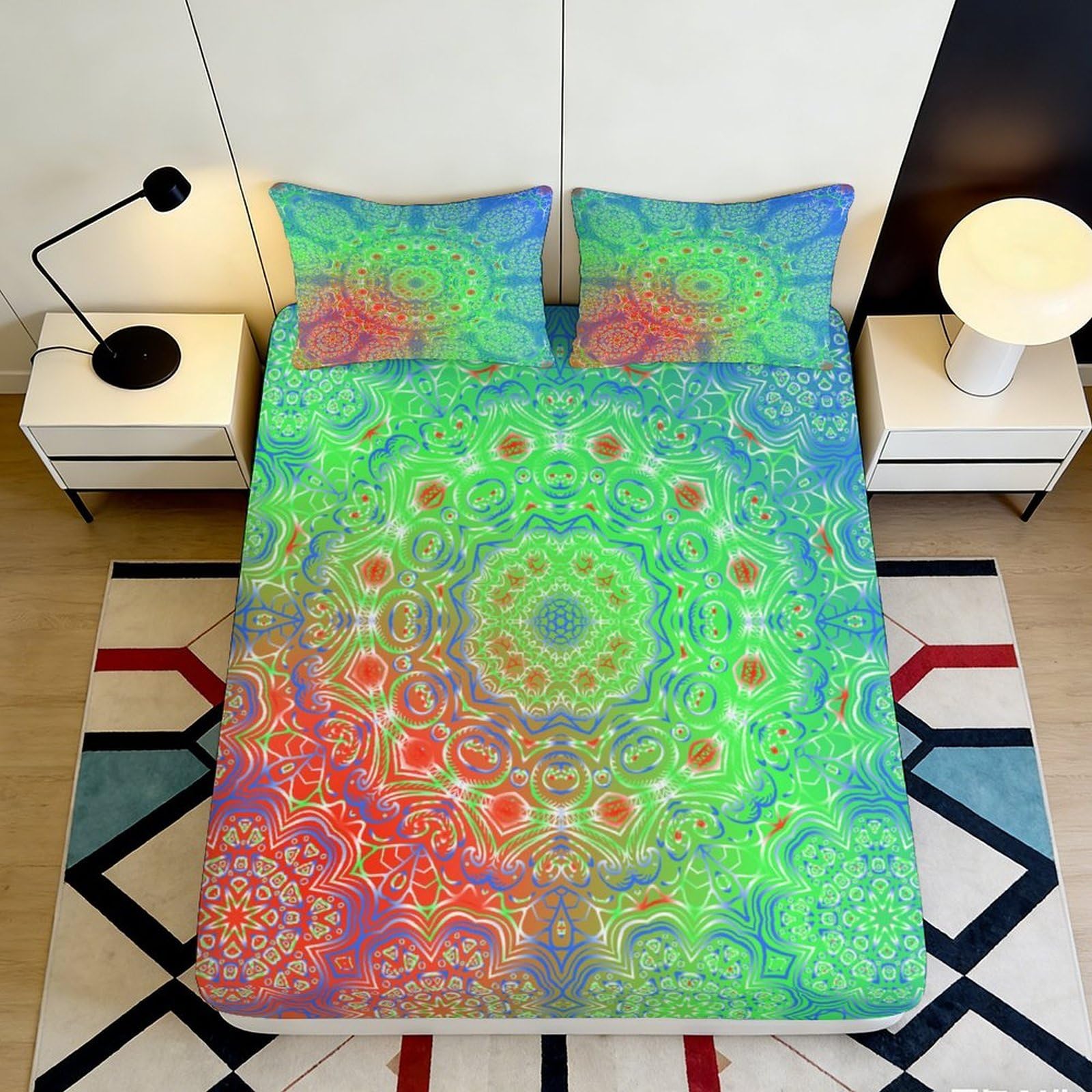 3D Printed Mandala Fitted Sheet Microfiber Non-Slip Deep Pocket Mandala Mattress Fitted Cover Washable for Bedroom 140x200x25cm