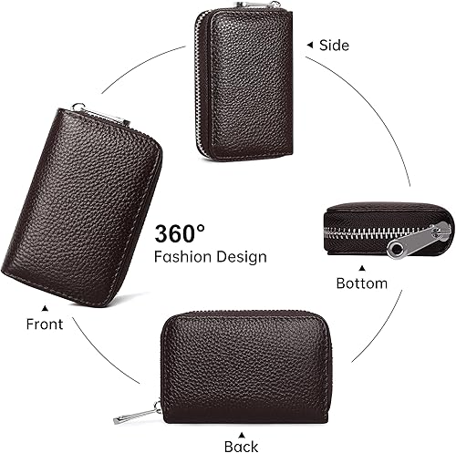 Vista 5 de GEEAD Tarjetero de cuero genuino RFID para mujeres y hombres con cremallera para tarjetas pequeñas carteras, Café, Minimalista