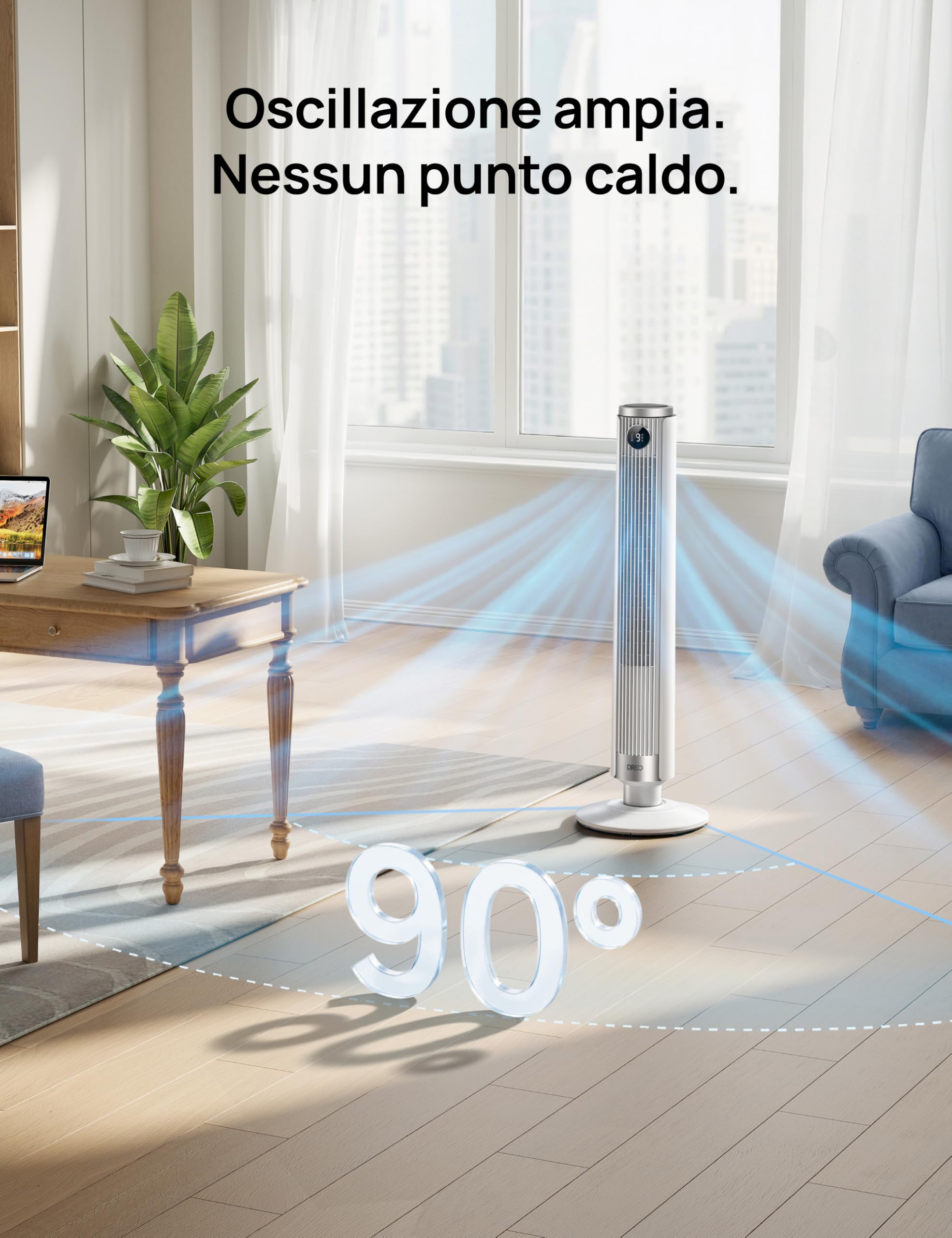 DREO Ventilatore a Torre Smart 554S, Ventilatore a Torre Regolabile 102–114cm per Camera, 8.4 m/s, Oscillazione 90°, Silenzioso 20 dB Dormire, 9 Velocità, 4 Modalità, Timer 12 h per Casa e Ufficio