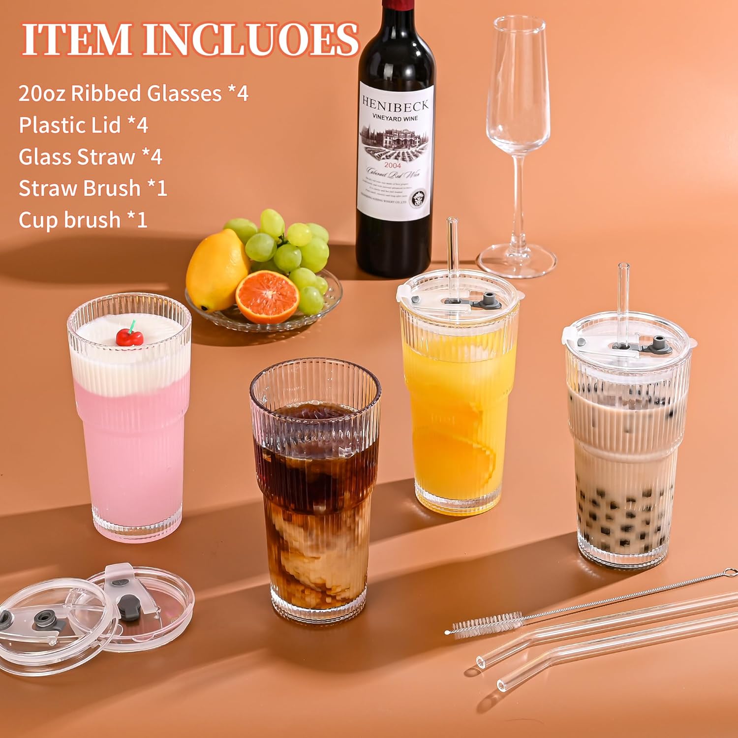 20 oz Ribbed Glass Tumblers With Lids and Straws,Clear Drinking Glasses Set of 4,Reusable Vintage Iced Coffee Cups,Leak Proof Thick Glass Cups for Juice,Cocktail,Smoothie,Beer,Boba - Image 4