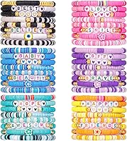 Vista 8 de LUYI Juego de 32 pulseras de joyería preppy para mujer, con cuentas de arcilla coloridas, juego de pulseras Heishi, apilables, pulseras elásticas