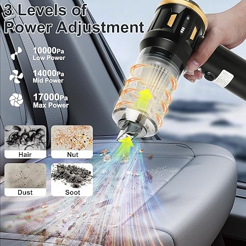 Miniatura 2 de Aspiradora portátil inalámbrica con motor BLDC, aspiradora de mano inalámbrica de 3 potencias 17000 Pa máximo, aspiradora recargable para coche,