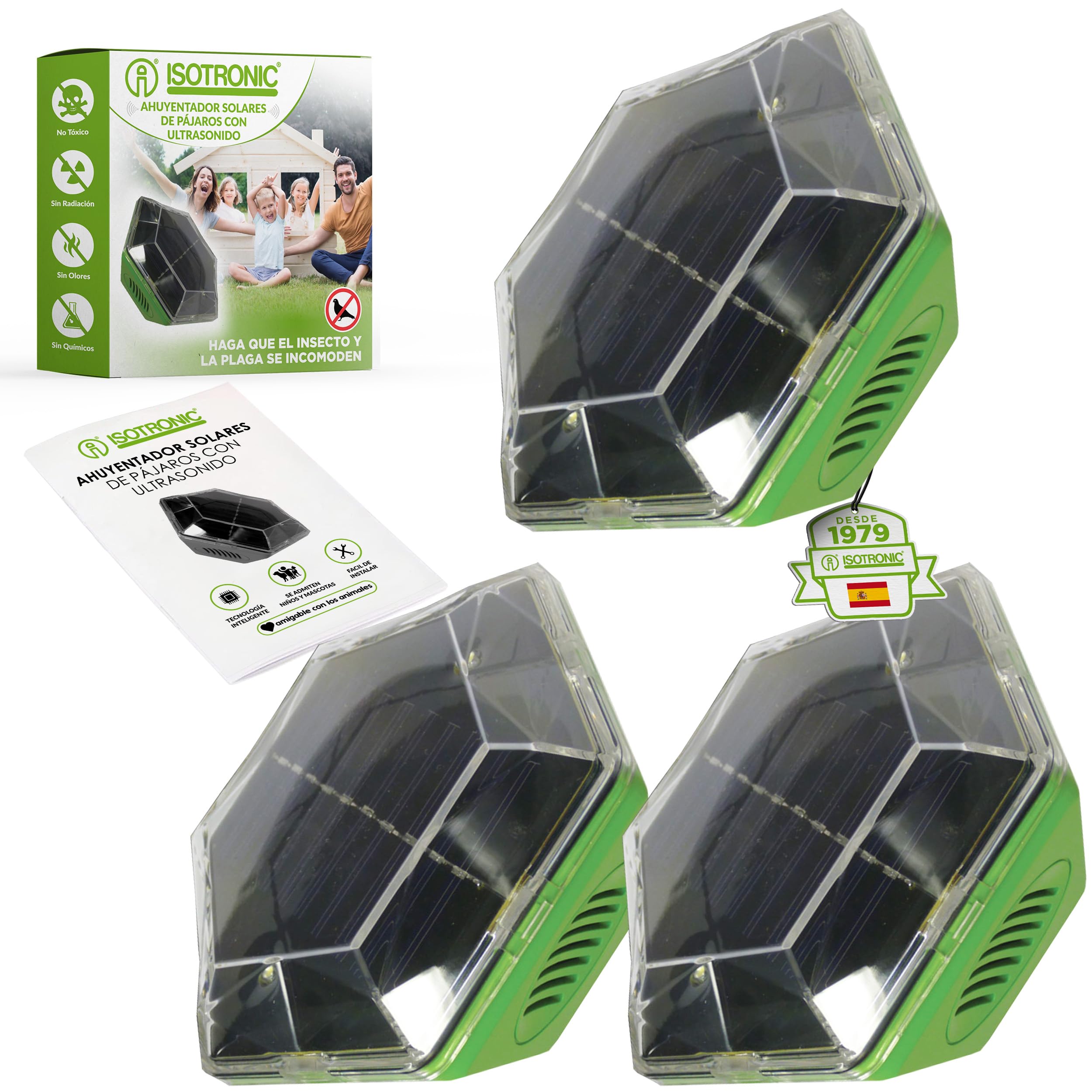 ISOTRONIC Repelente Solar para Aves — Flash y Ultrasonido para Palomas, Gaviotas y Cuervos — Ahuyentador para Balcón y Jardín — Alcance Efectivo 150 m² — Pack de 3 Unidades