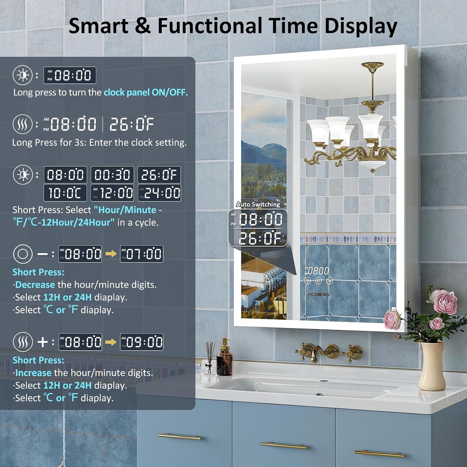 ACEMIRO 24"×32" Bathroom Medicine Cabinet with Mirror, Surface or Recessed Lighted Medicine Cabinet, 3-Color Dimmable Lights, Defogger, Bathroom Mirror with Outlet, Clock&Temp Display, Door Left Open image 5