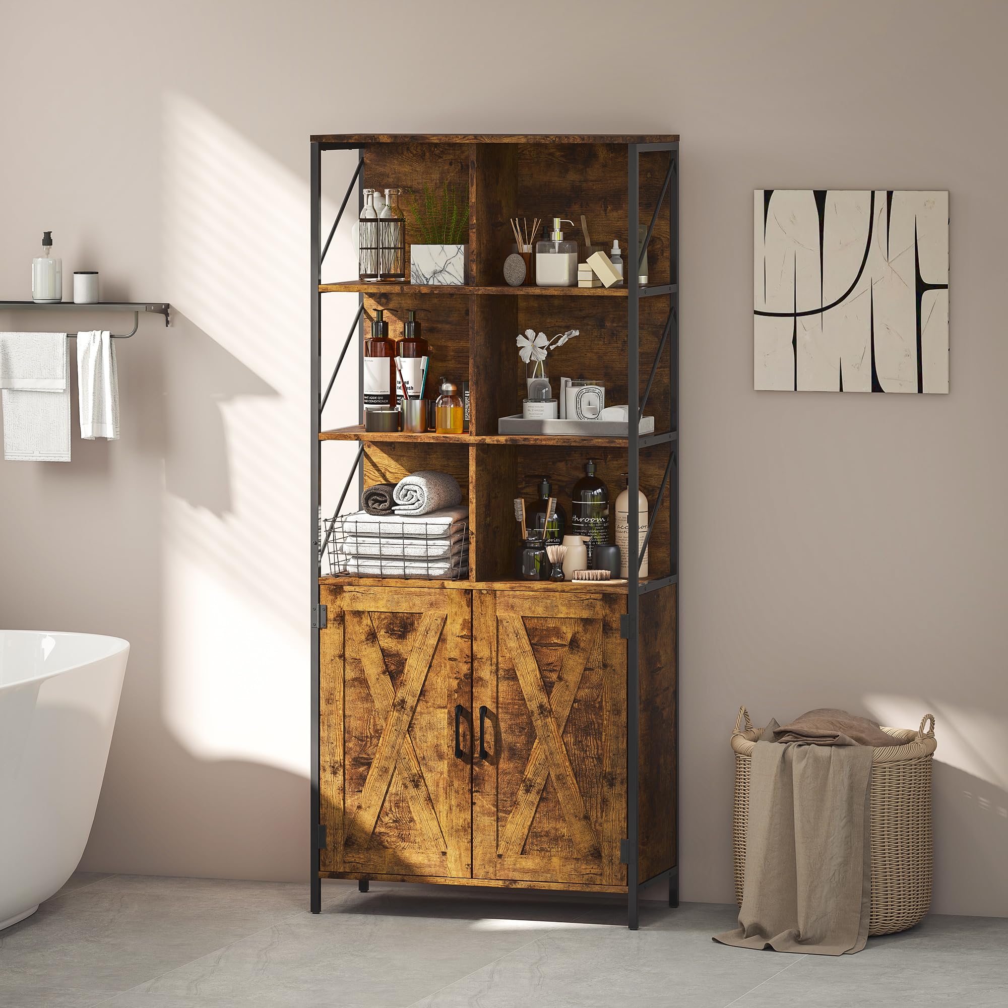 HOMCOM Librería de 6 Niveles Estilo Industrial 75x34x172 cm Marrón Rústico | Estantería de Libros Organizador, 6 Compartimentos Abiertos, 2 Puertas, Estante Ajustable, Salón Oficina Dormitorio