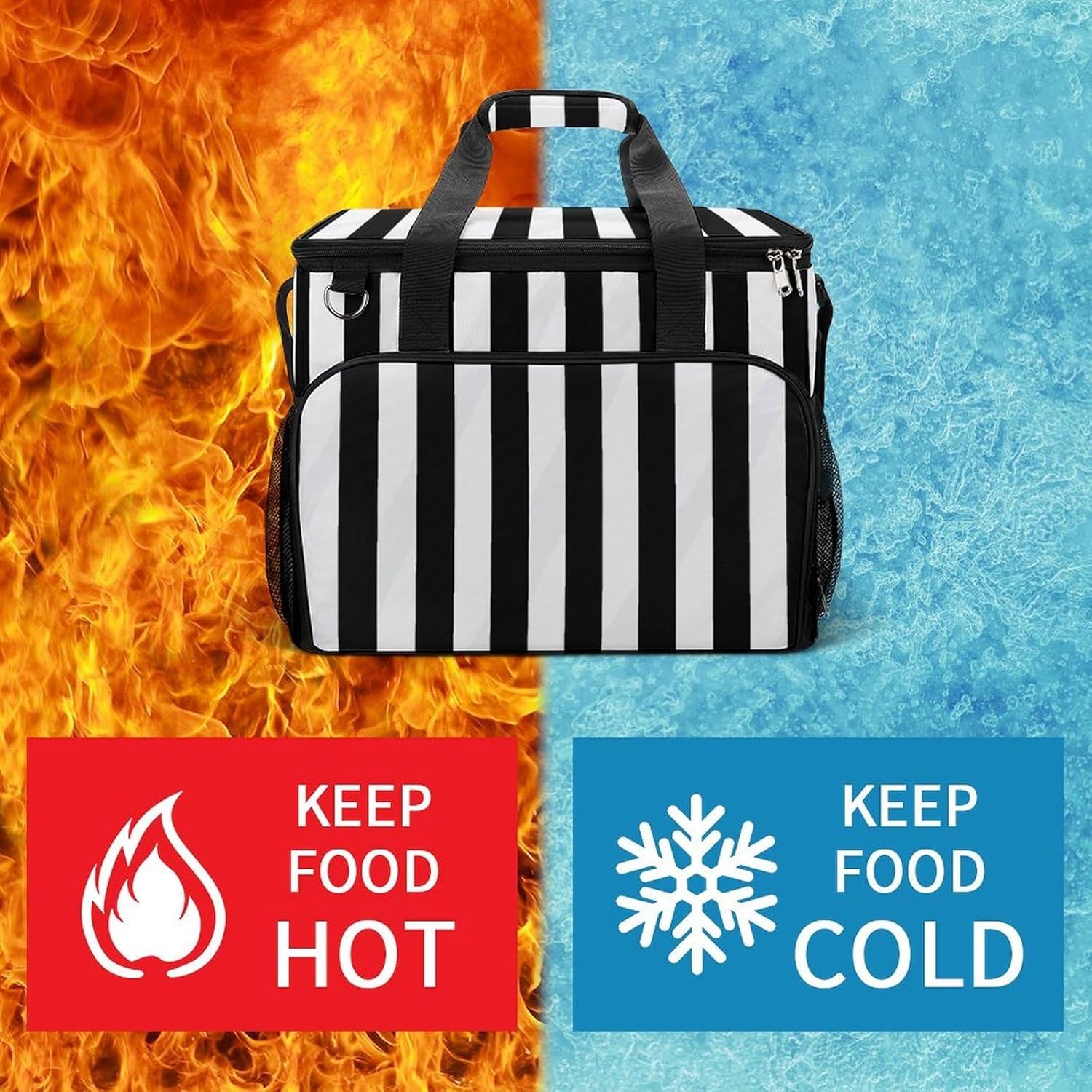 Insulated Picnic Backpack Tote Bag, Large Capacity 30L Black & White Stripe Cooler Bag Leakproof Beach Bags Portable Lunch Box Waterproof Picnic Basket for Beach Camping BBQ